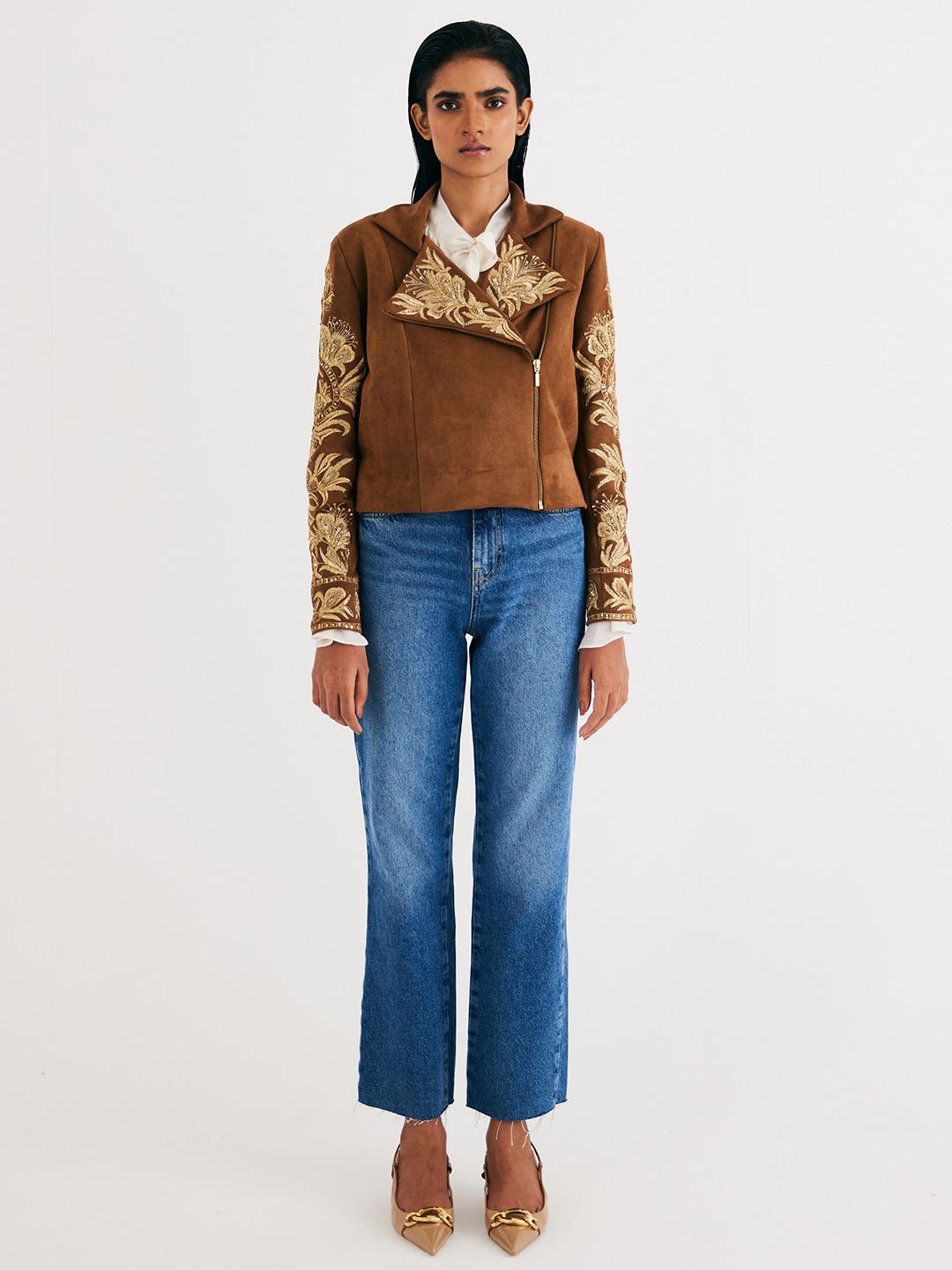 Women Floral Embroidered Suede Biker Jacket
