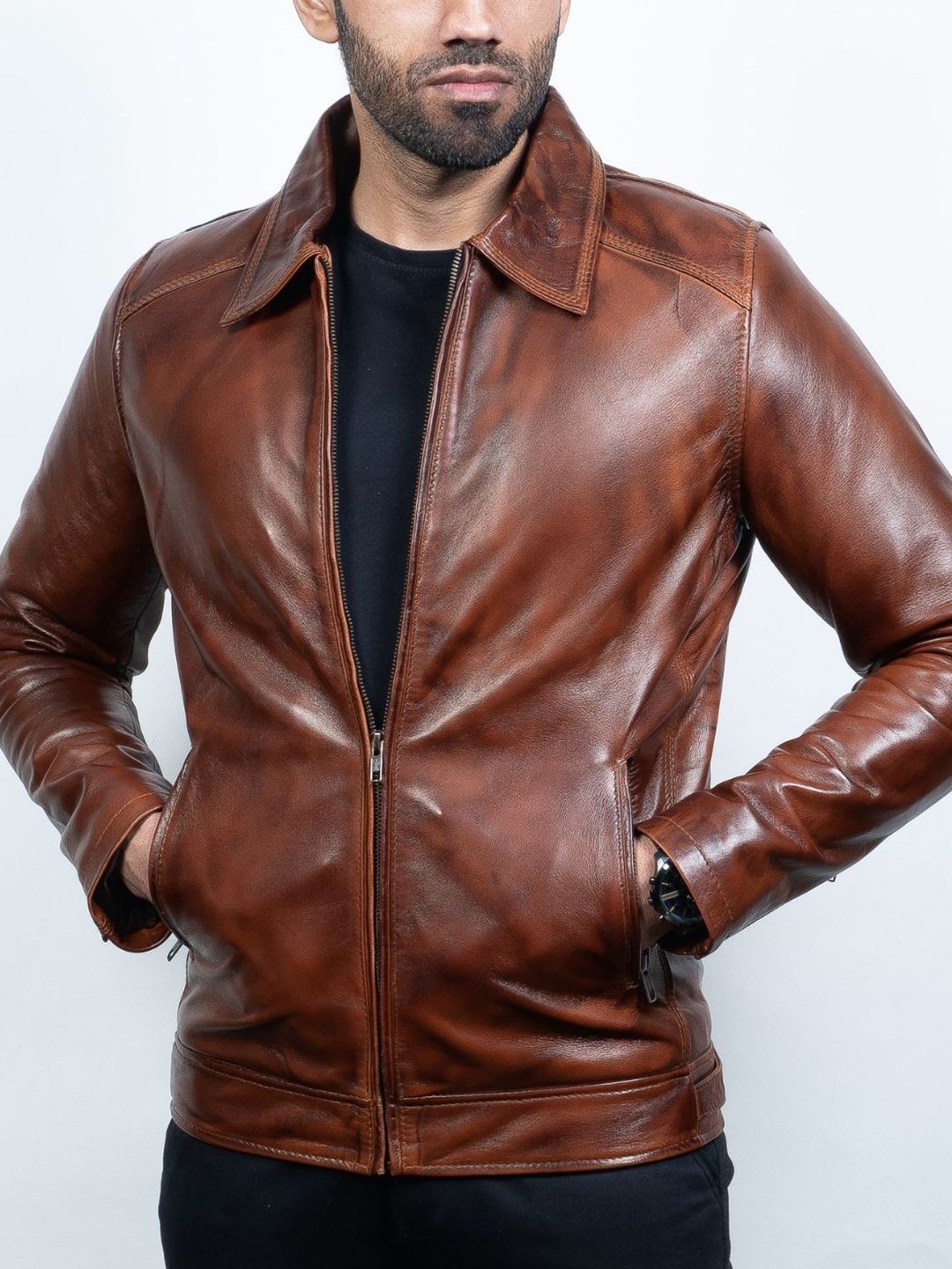 Men Solid Leather Biker Jacket - Image 3