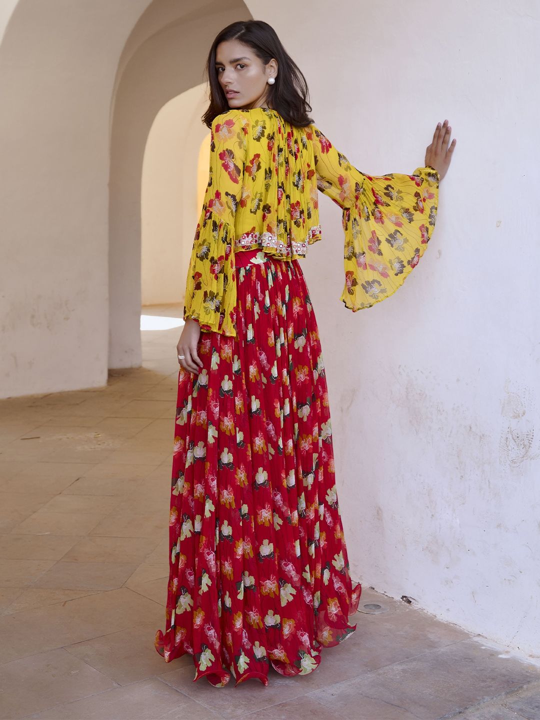 Gulbahar Bumble Bee Boho Floral Printed Round Neck Top With Skirt - Image 4