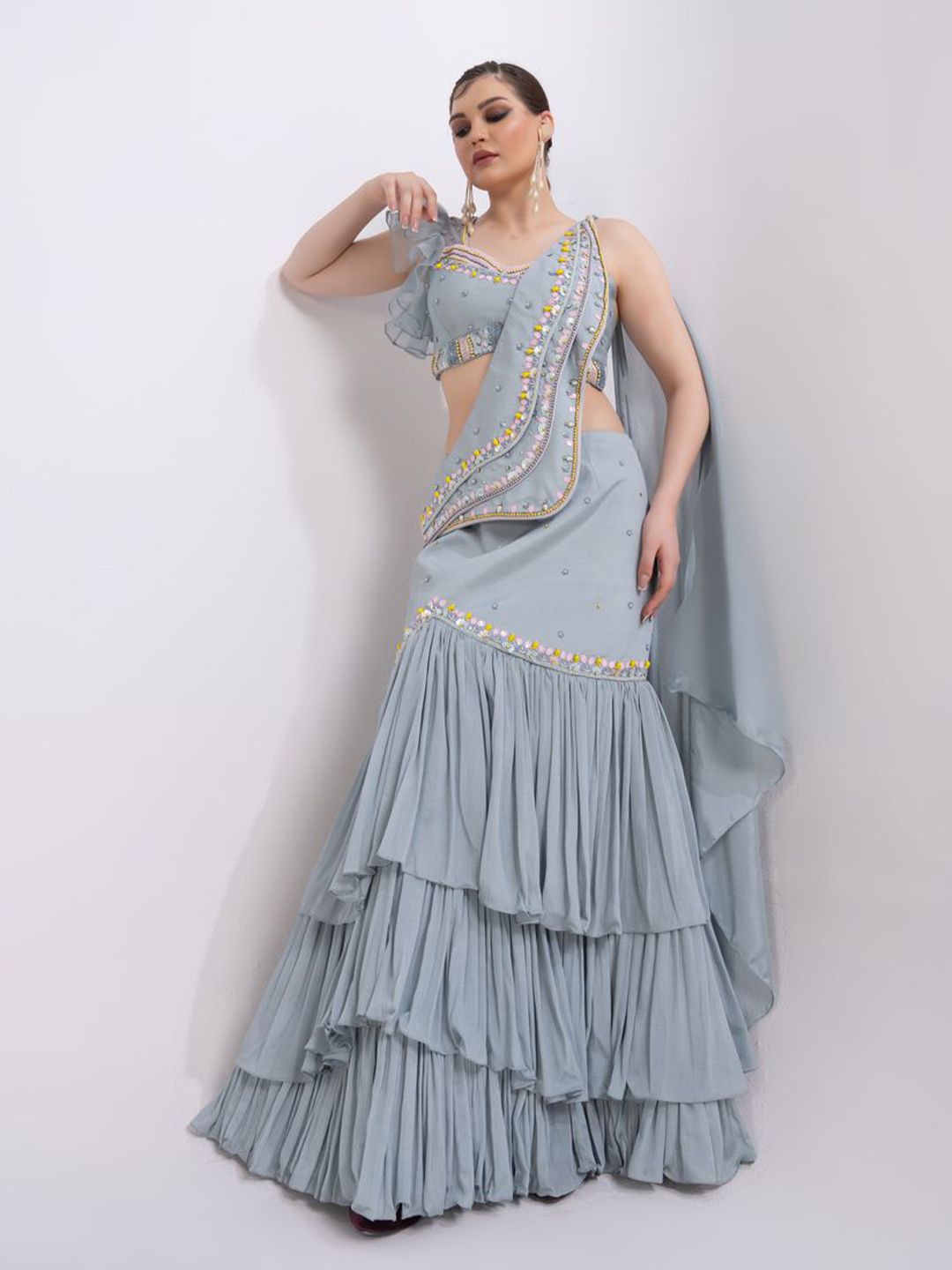 MERGE DESIGN Embellished Beads & Stones Pure Chiffon Lehenga Saree - Image 2