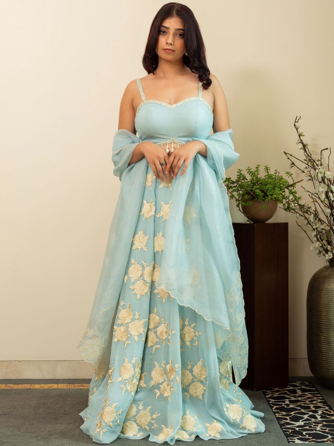 HOUSE OF INARI Embroidered Thread Work Ready to Wear Lehenga & Blouse With Dupatta