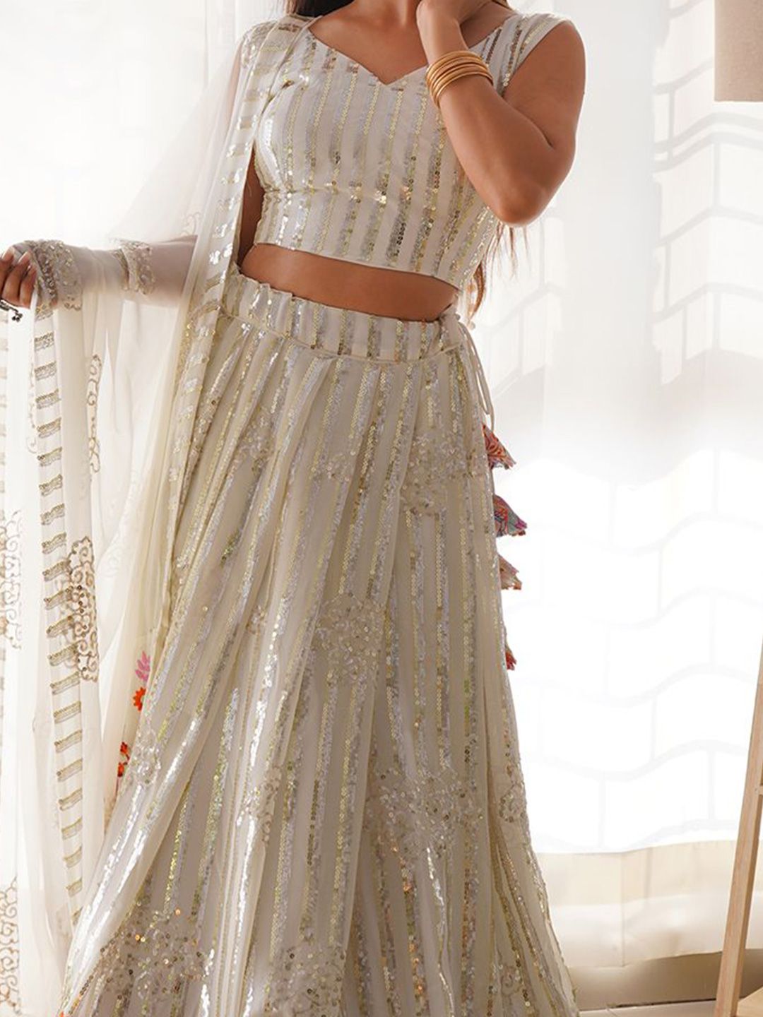 Panzora Embroidered Sequinned Semi-Stitched Lehenga & Unstitched Blouse With Dupatta - Image 2
