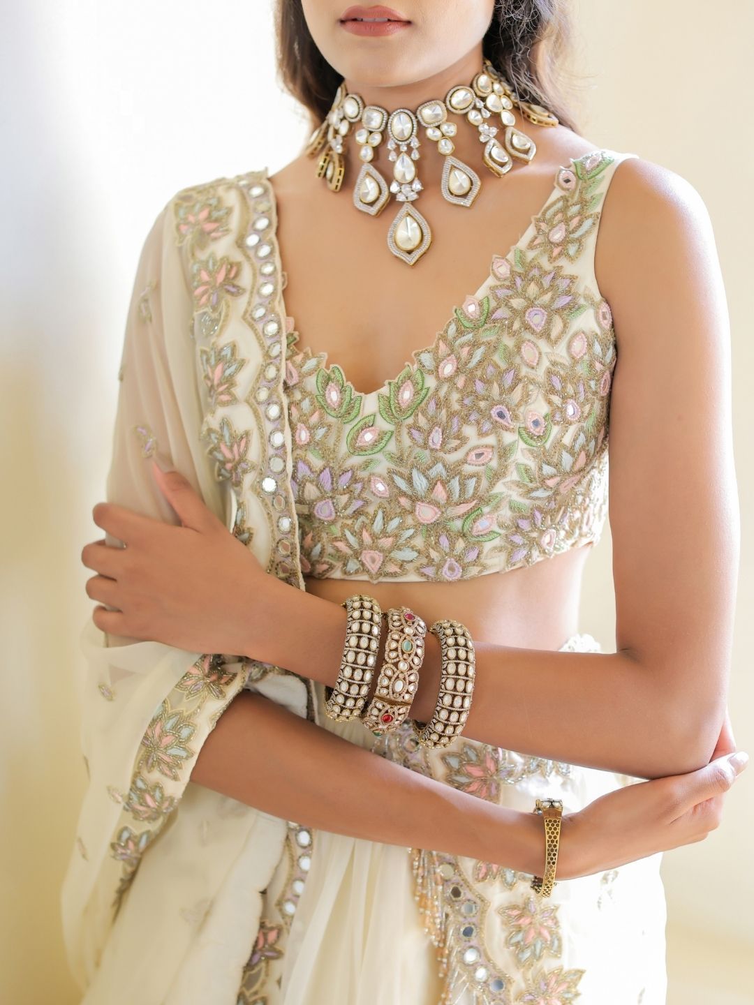 Foram Patel Foram patel Cream Mirror Embroidered Organza Lehenga - Image 3