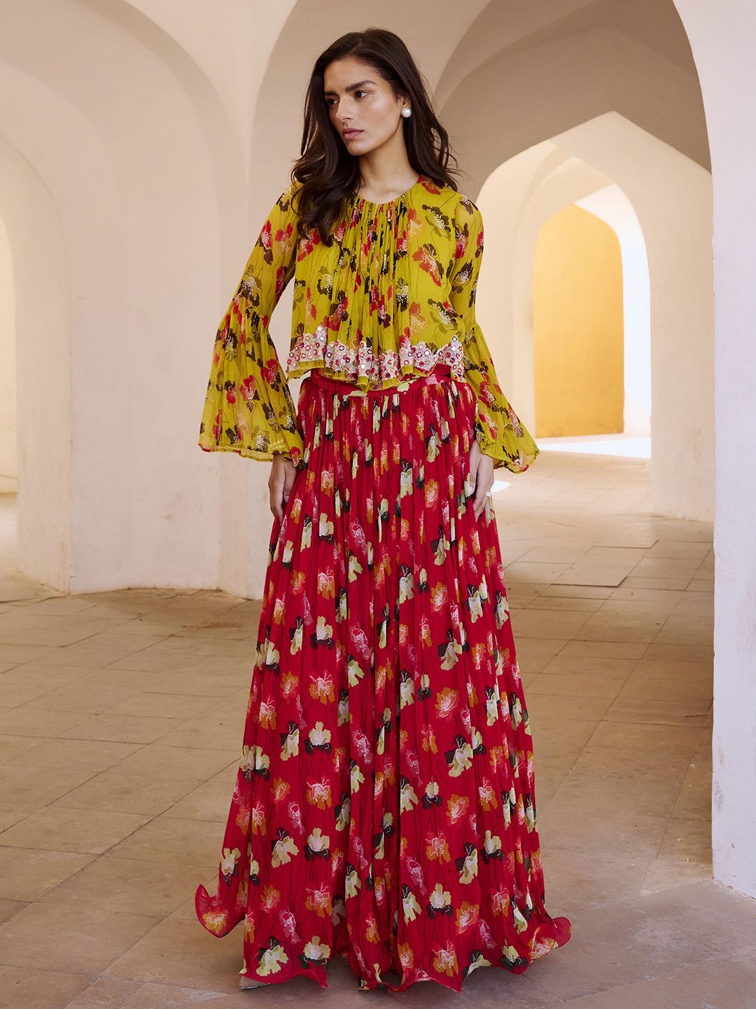 Gulbahar Bumble Bee Boho Floral Printed Round Neck Top With Skirt