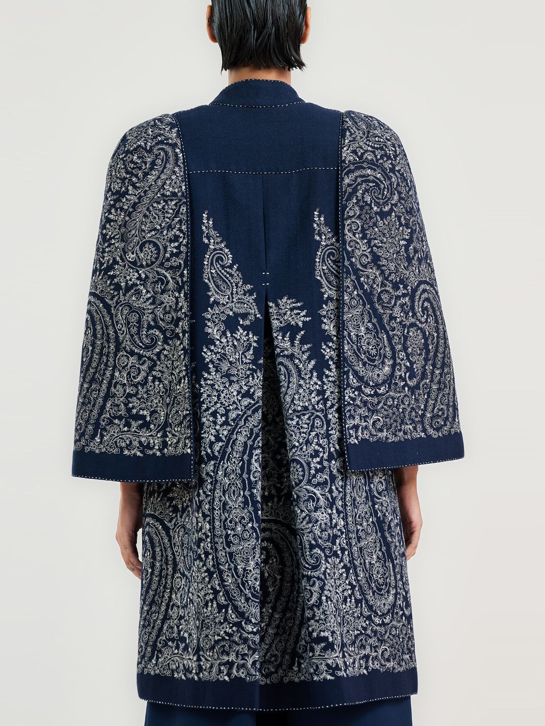 Floral Embroidered Longline Cotton Open Front Jacket - Image 4