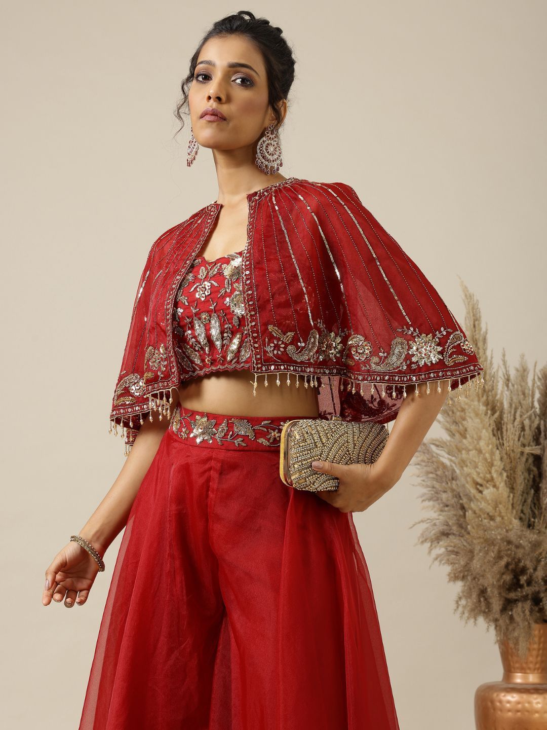 Shreeka Embellished Crop Top & Palazzos With Cape - Image 2