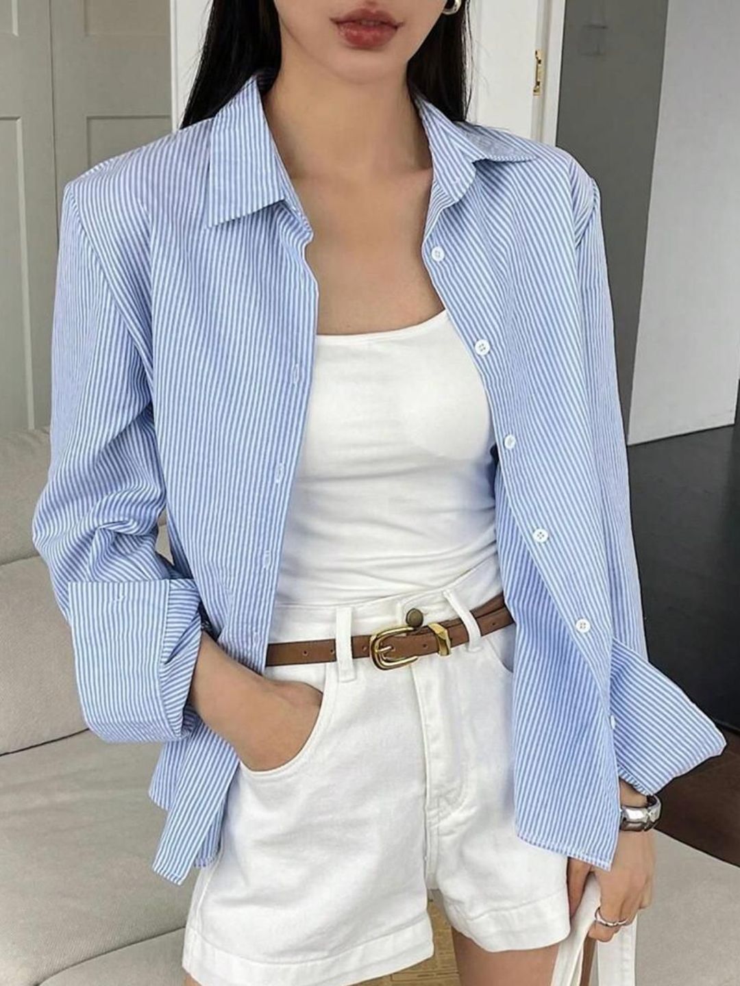 Women Standard Relaxed Fit Spread Collar Vertical Striped Cotton Casual Shirt - Image 2