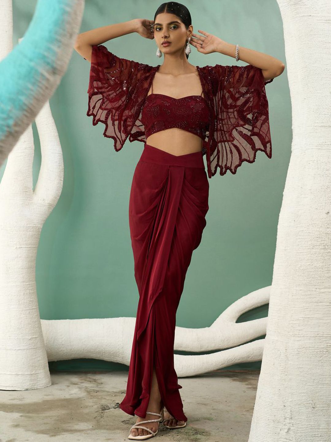 Embroidered Top With Maxi Drape Skirt & Shrug