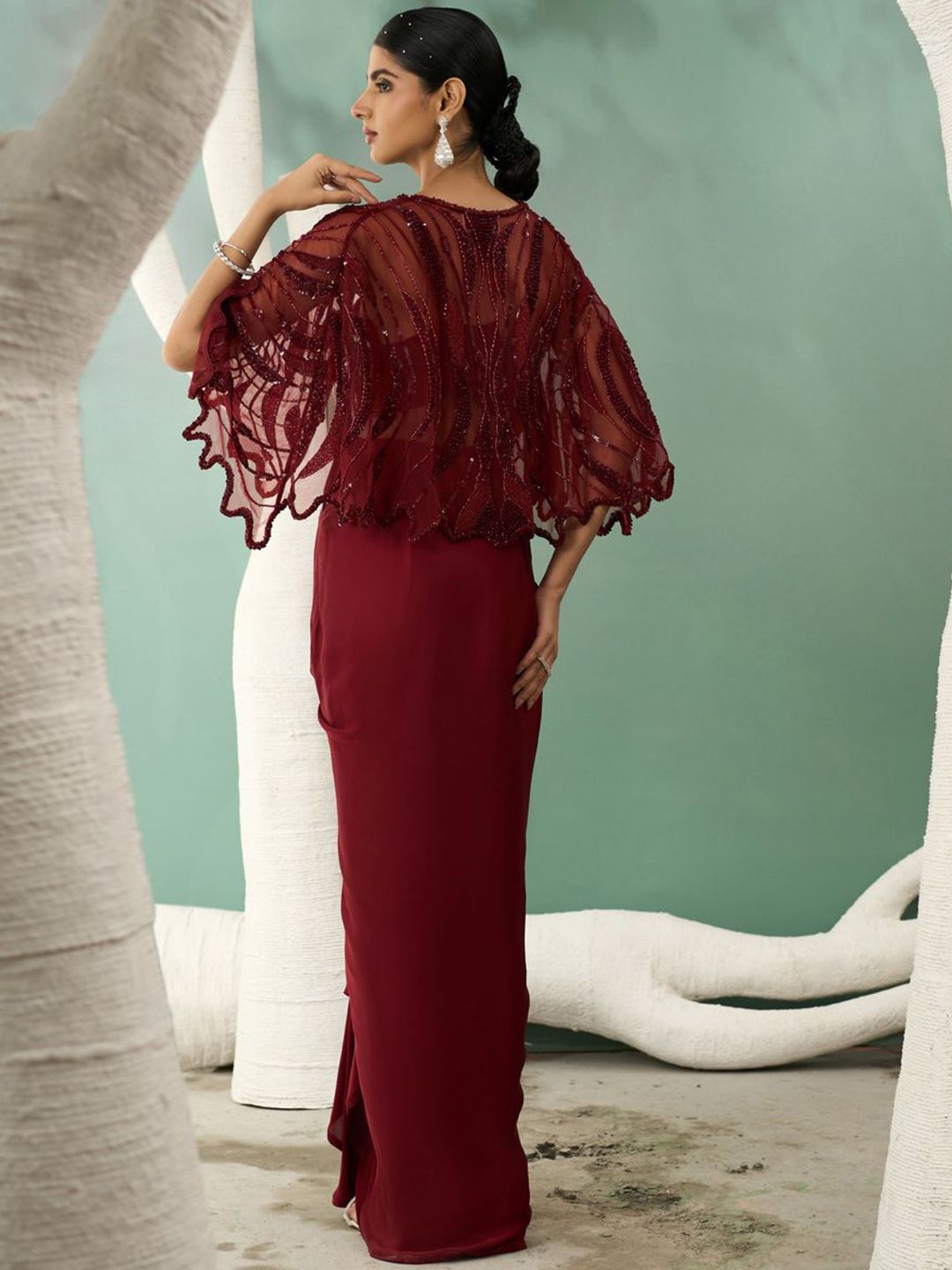 Embroidered Top With Maxi Drape Skirt & Shrug - Image 4