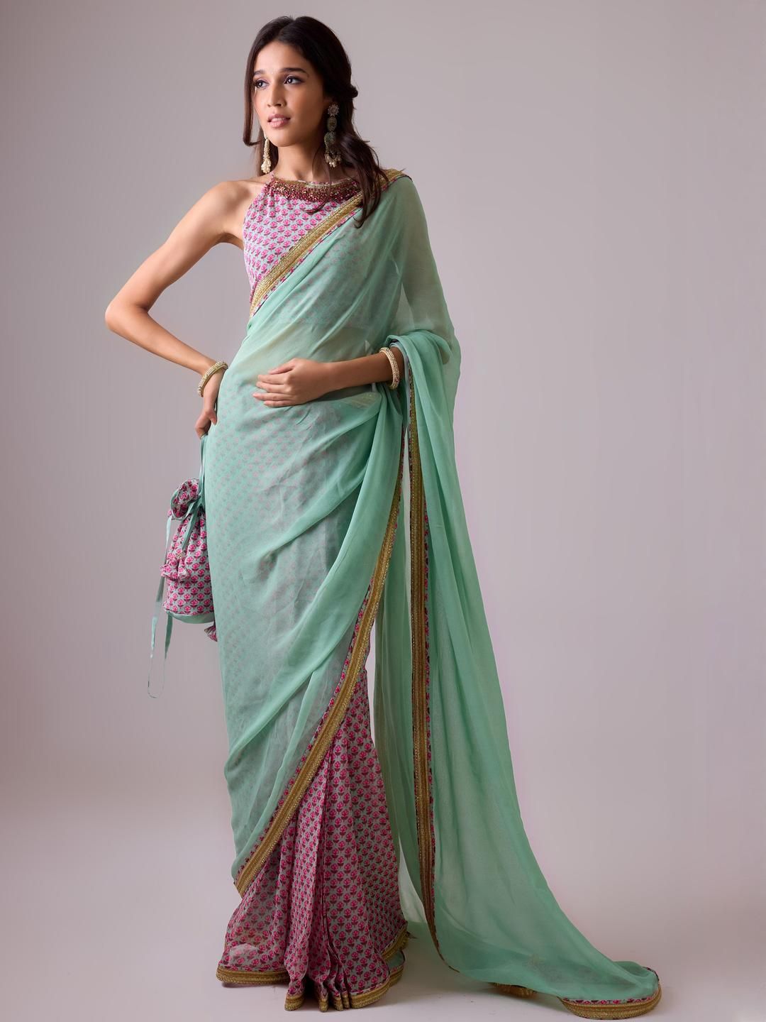 Floral Pure Georgette Half and Half Saree