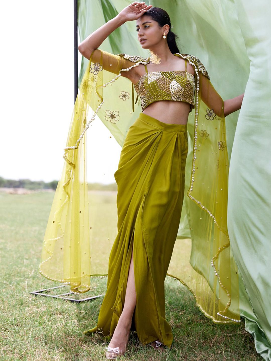 Embroidered Crop Top & Skirt With Jacket