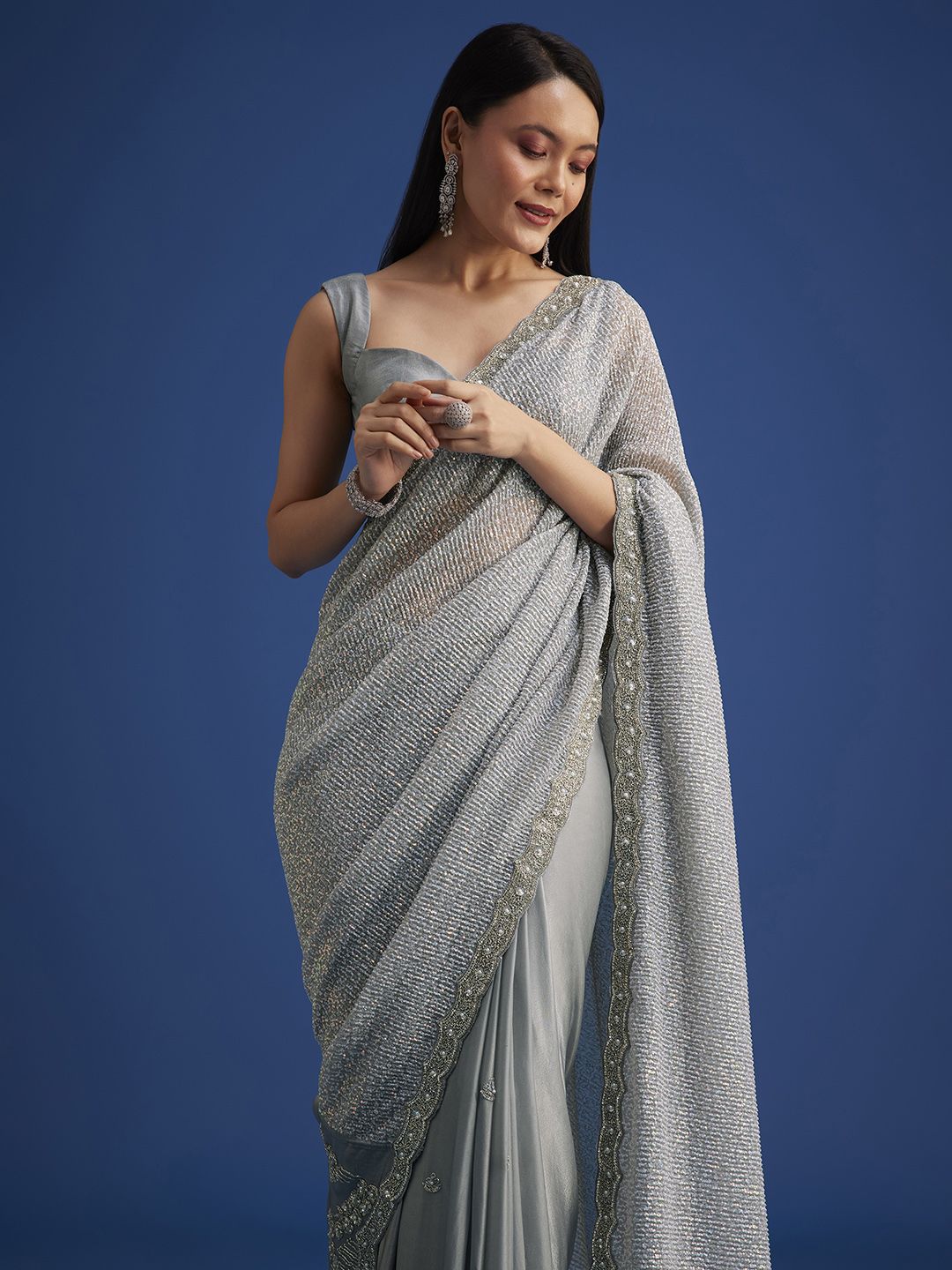 Embellished Beads and Stones Net Saree - Image 4