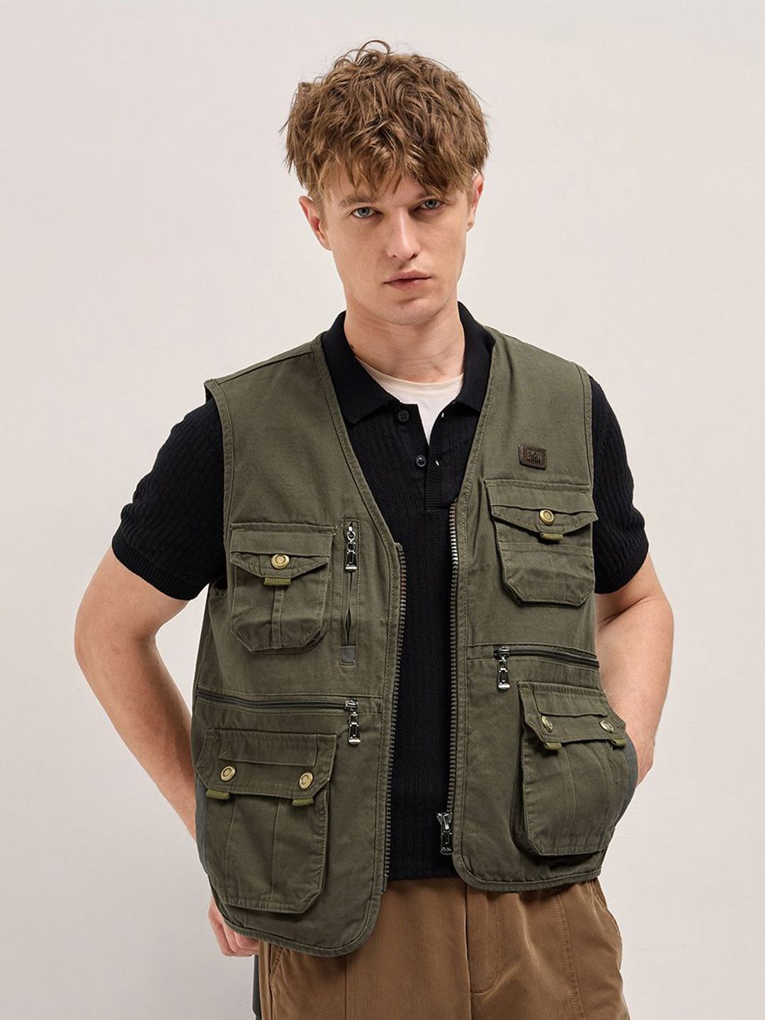 Men Collarless Solid Cotton Casual Gilet Jacket