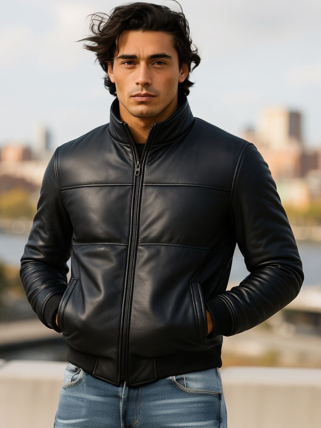 Devoted Men Mock Collar Solid Leather Jacket