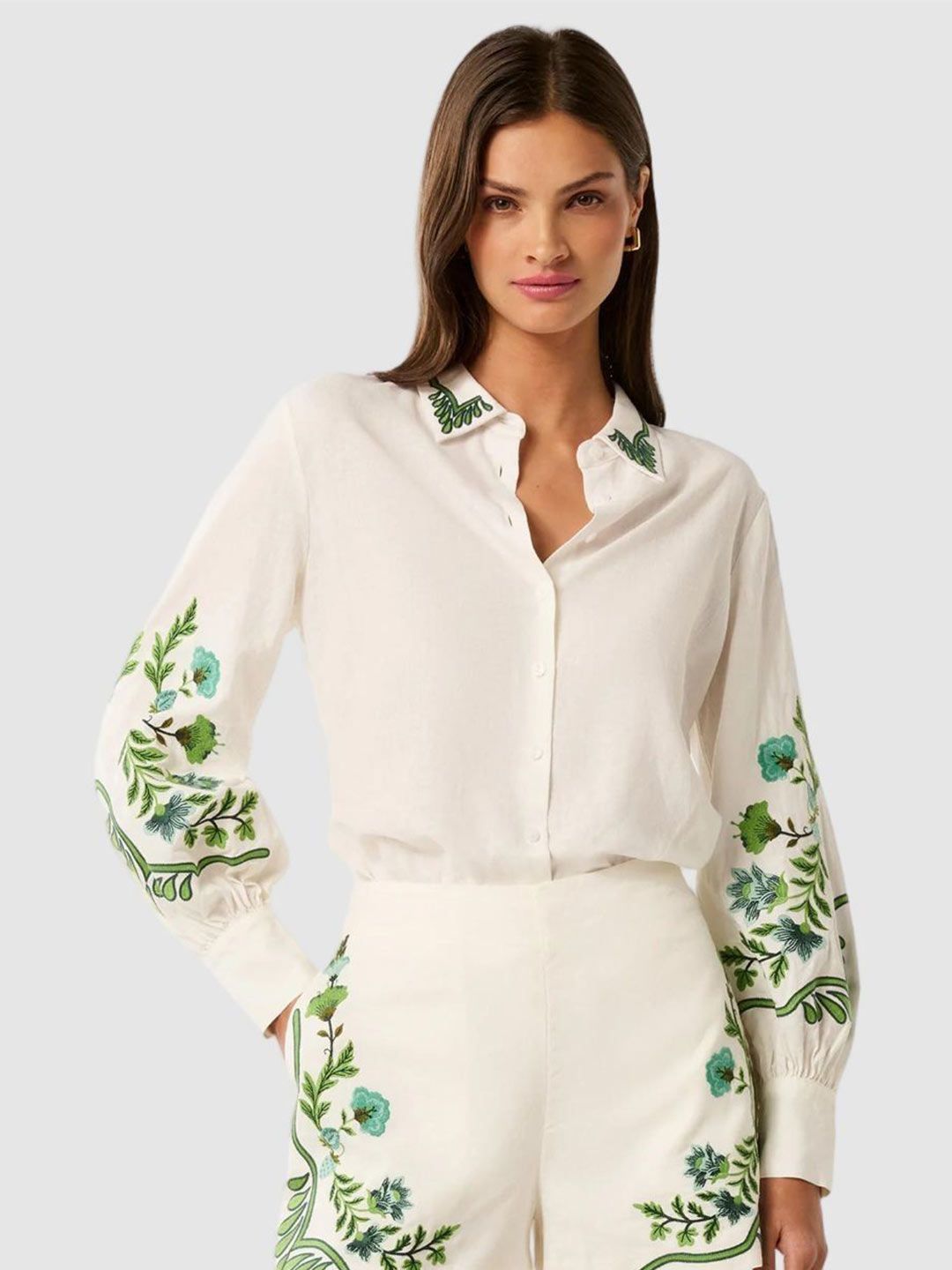 Floral Emroidered Thread Work Spread Collar Shirt