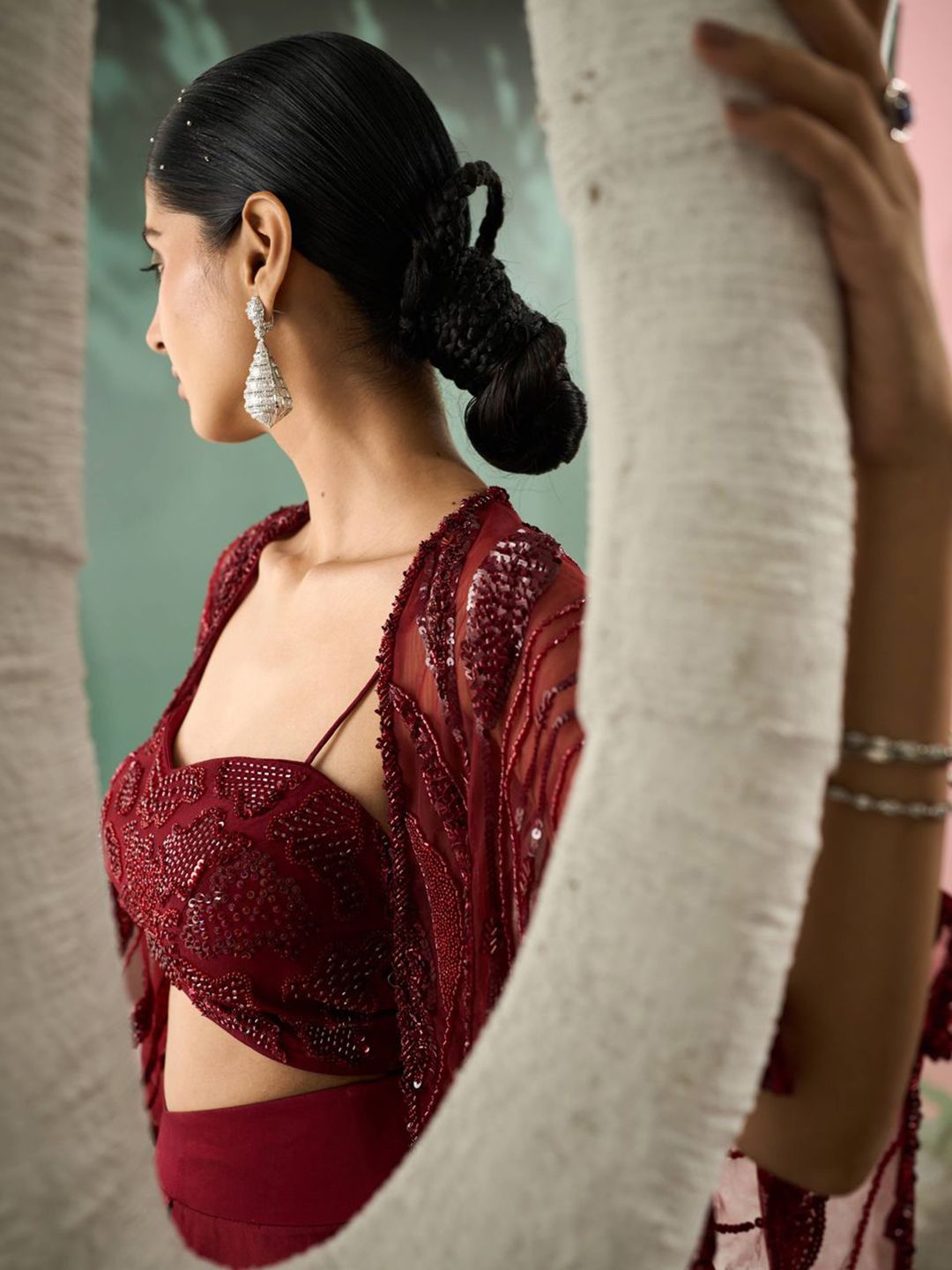 Embroidered Top With Maxi Drape Skirt & Shrug - Image 2