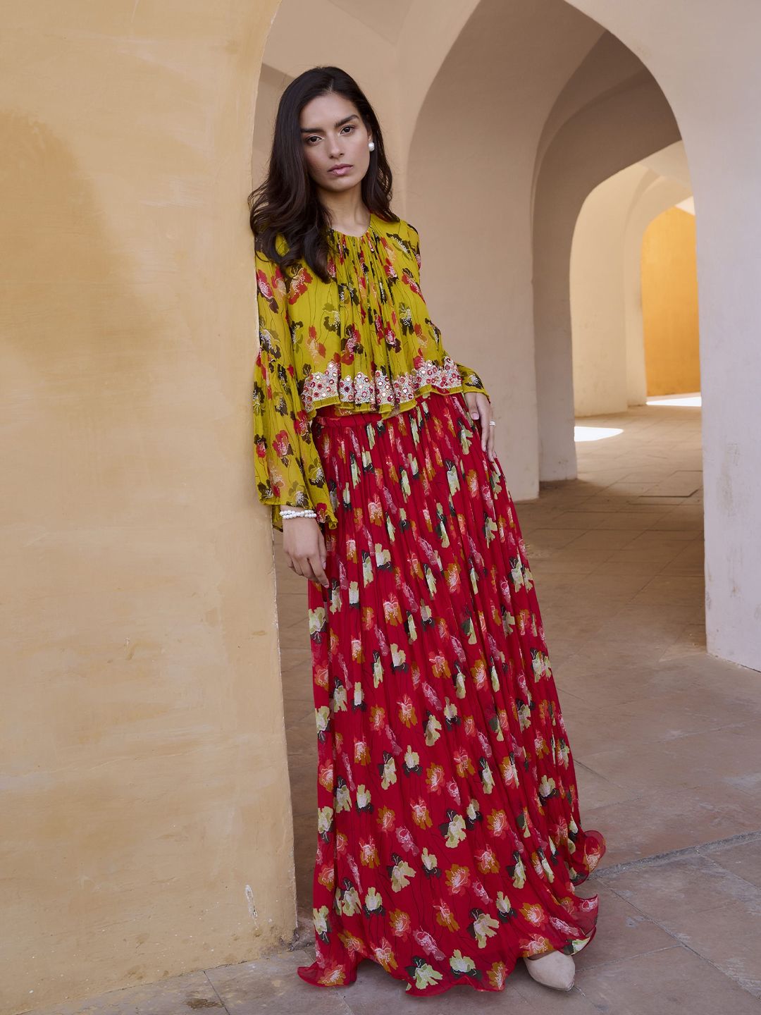 Gulbahar Bumble Bee Boho Floral Printed Round Neck Top With Skirt - Image 3