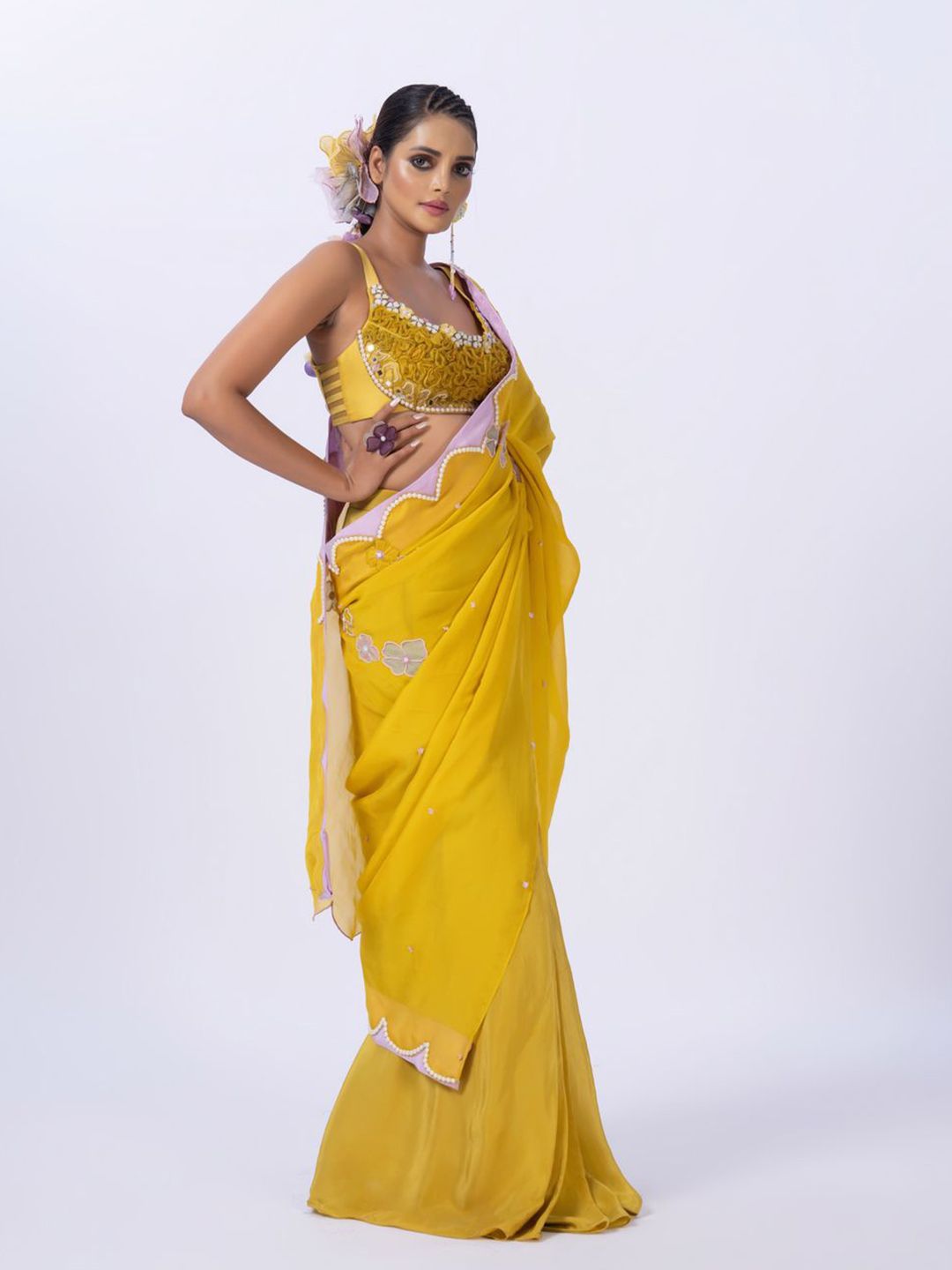 MERGE DESIGN Embellished Embroidered Beads and Stones Pure Chiffon Saree