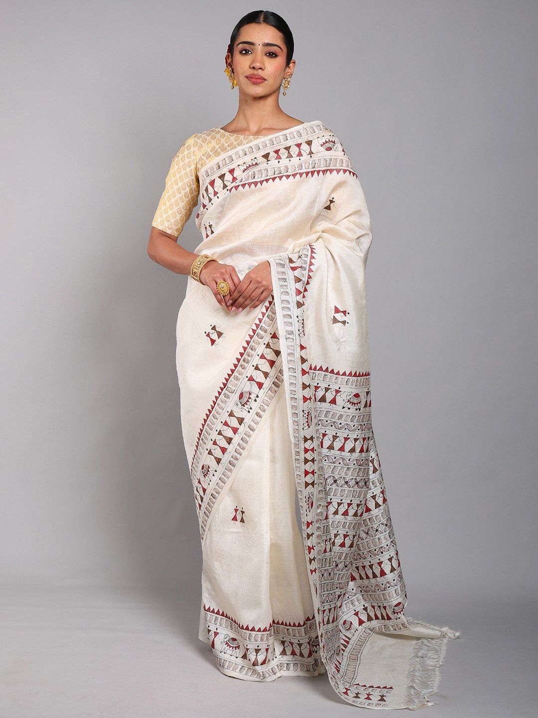 Warli Printed Pure Silk Saree From Chhattisgarh - Image 2