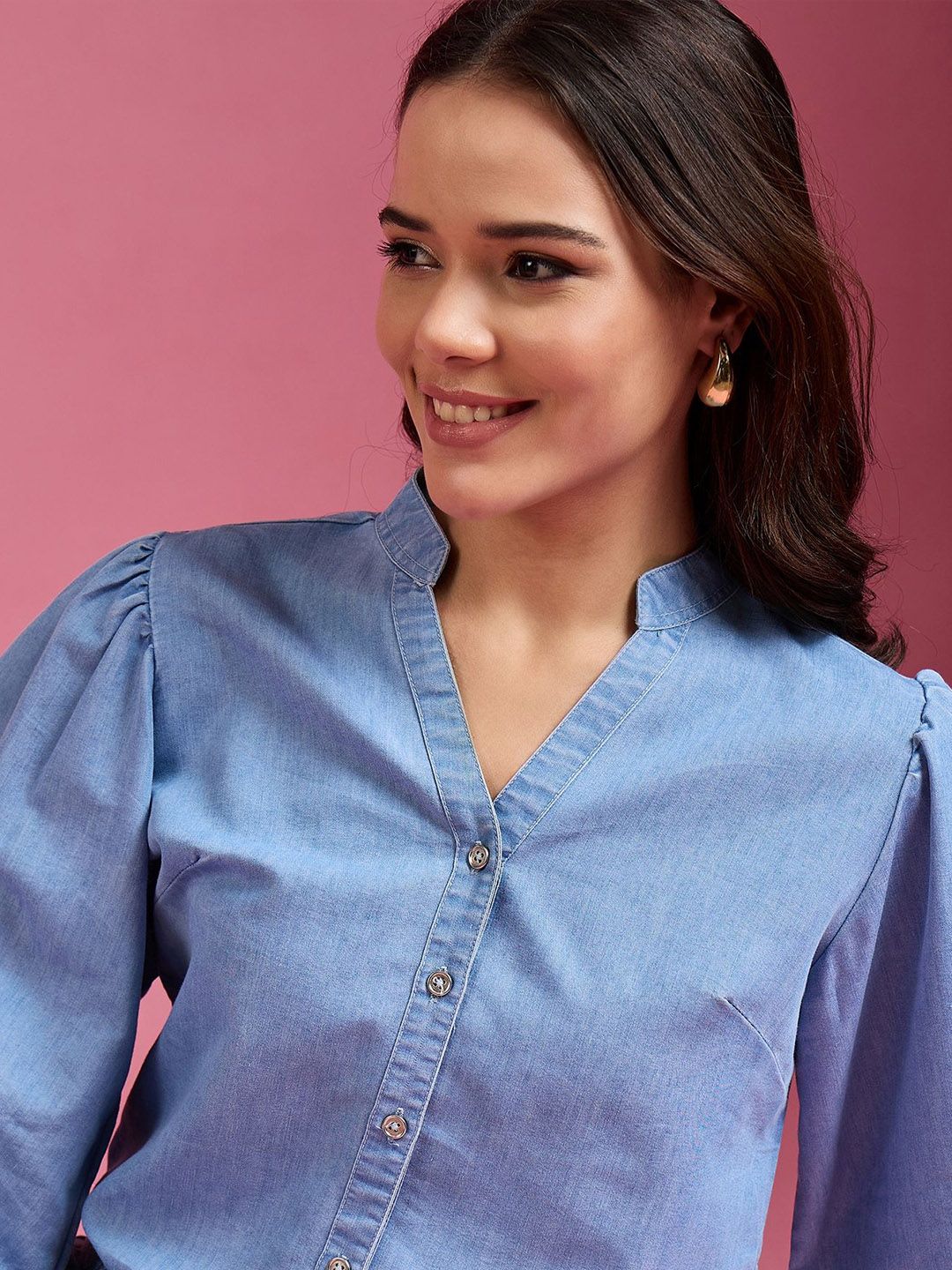 Women Classic Mandarin Collar Solid Denim Casual Shirt - Image 3