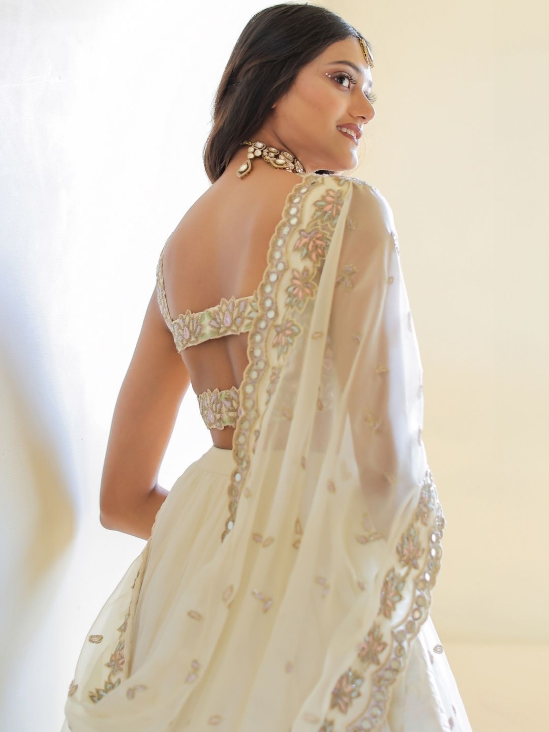 Foram Patel Foram patel Cream Mirror Embroidered Organza Lehenga - Image 2