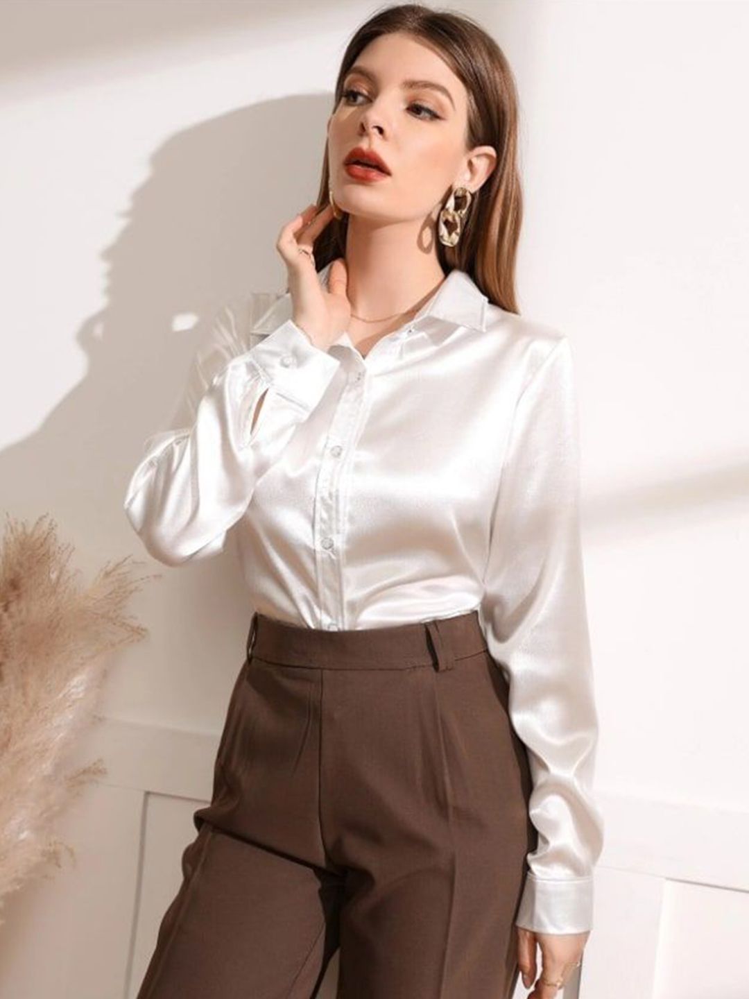 Women Comfort Spread Collar Solid Satin Casual Shirt - Image 3