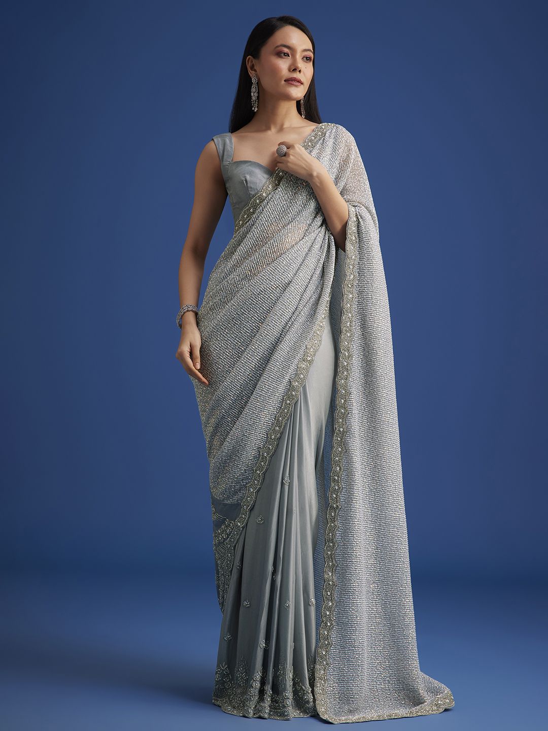 Embellished Beads and Stones Net Saree - Image 3