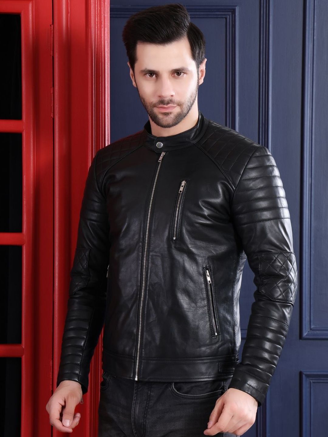 Mandarin Collar Water Resistant Leather Jacket