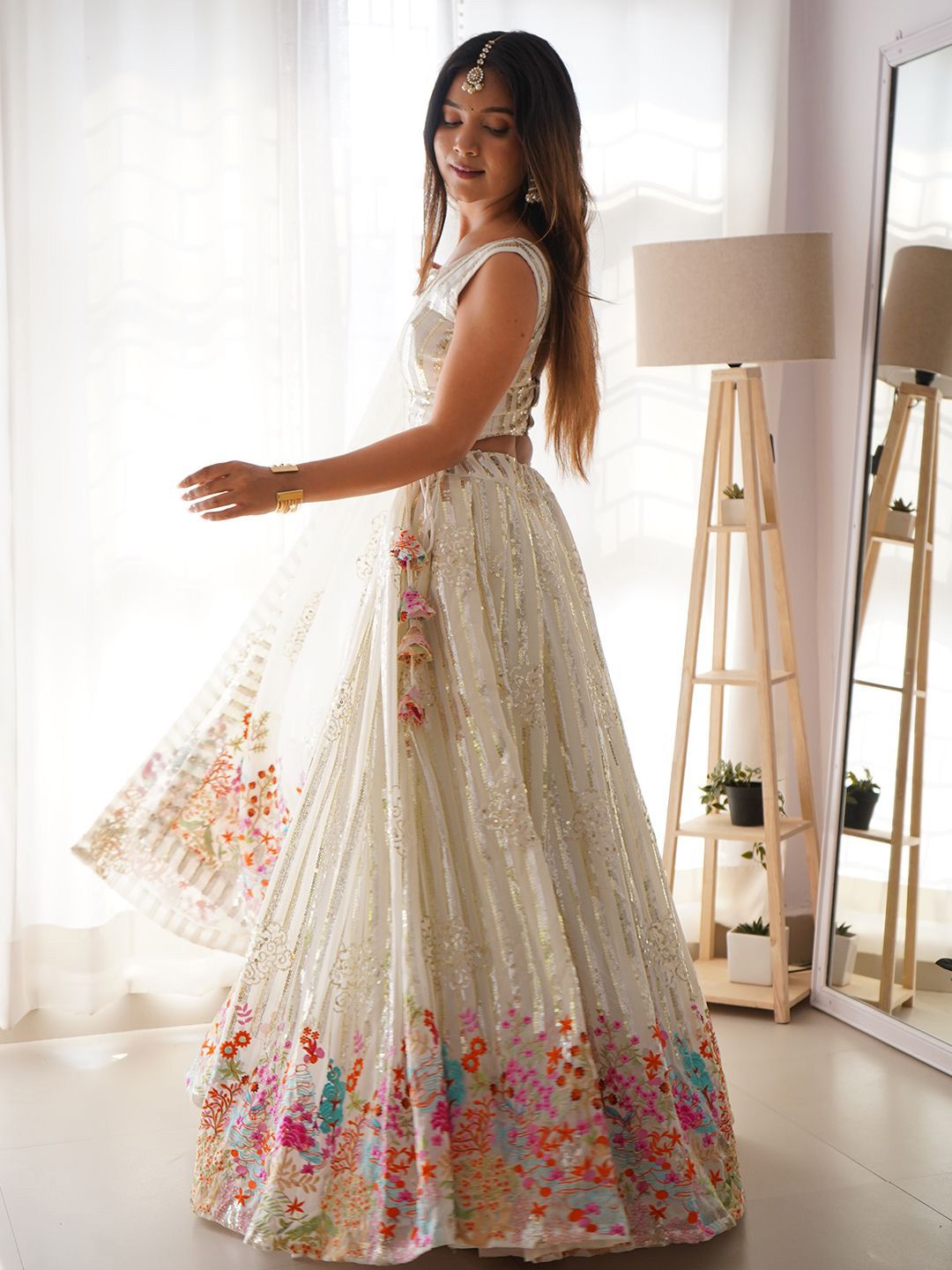Panzora Embroidered Sequinned Semi-Stitched Lehenga & Unstitched Blouse With Dupatta - Image 3