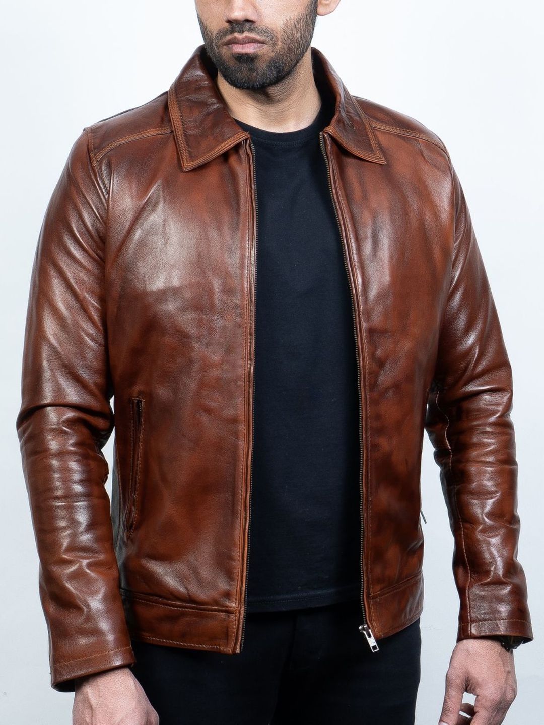 Men Solid Leather Biker Jacket