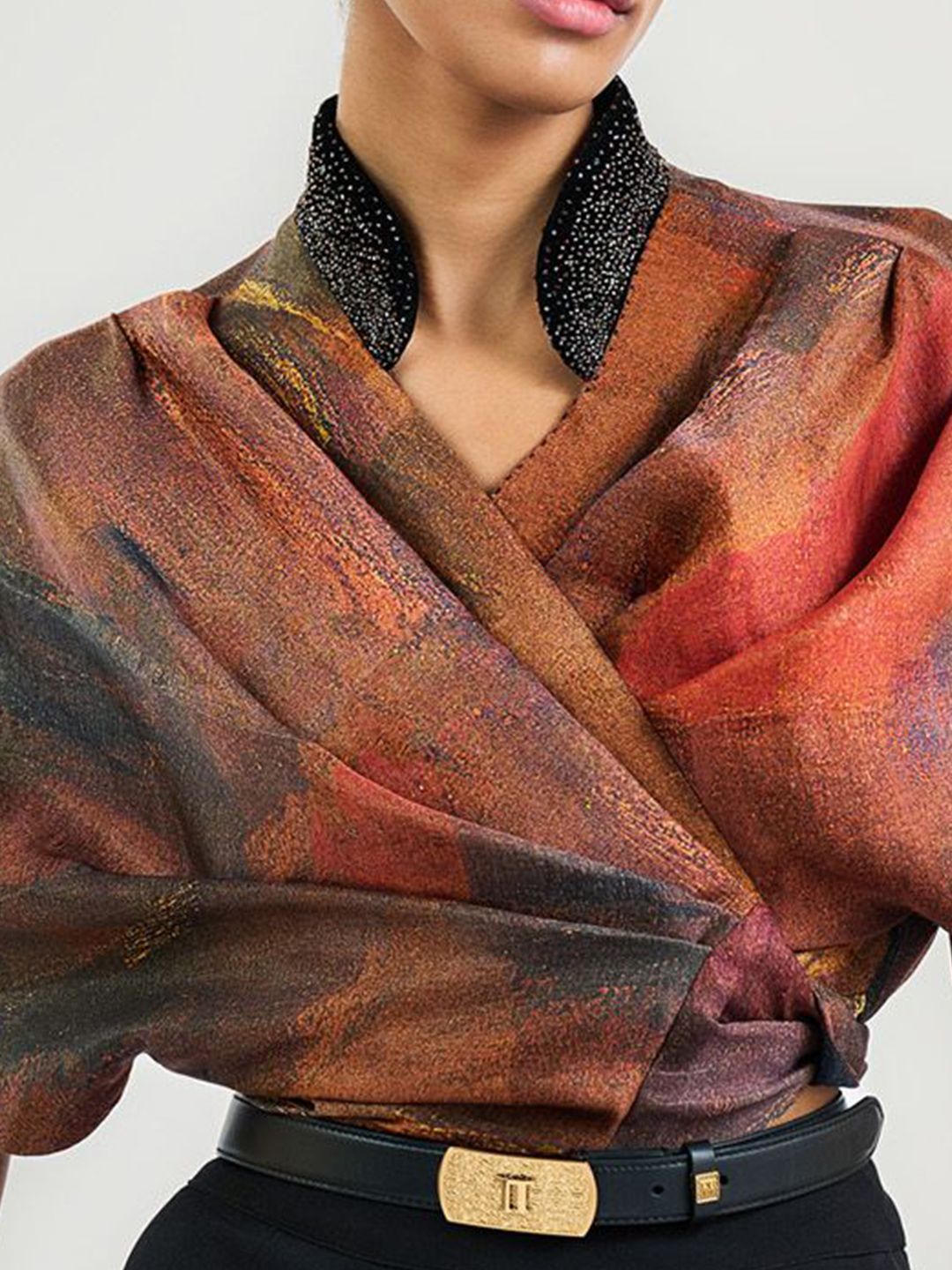 Printed Linen Cuffed Sleeves Wrap Top - Image 3