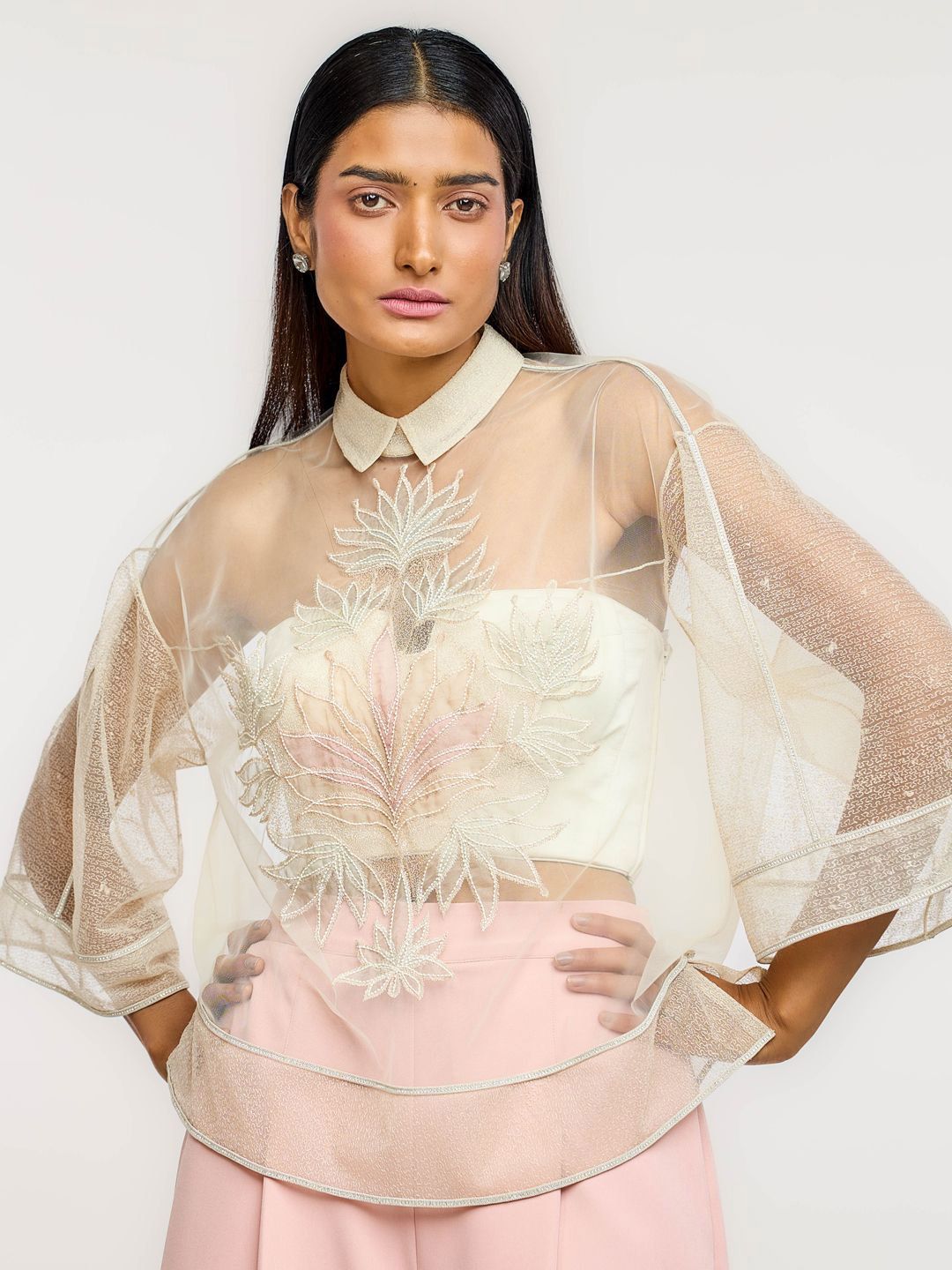 Women Floral Embroidered Smocked Shirt Style Top