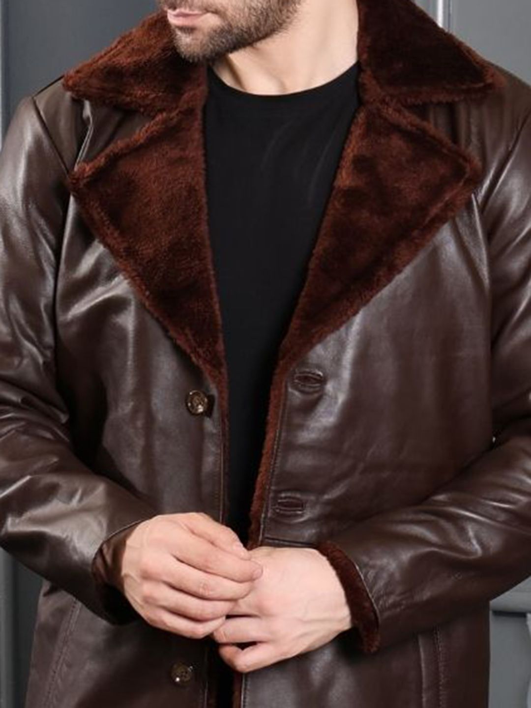 Devoted Men Solid Leather Longline Leather Jacket With Faux Fur Trim