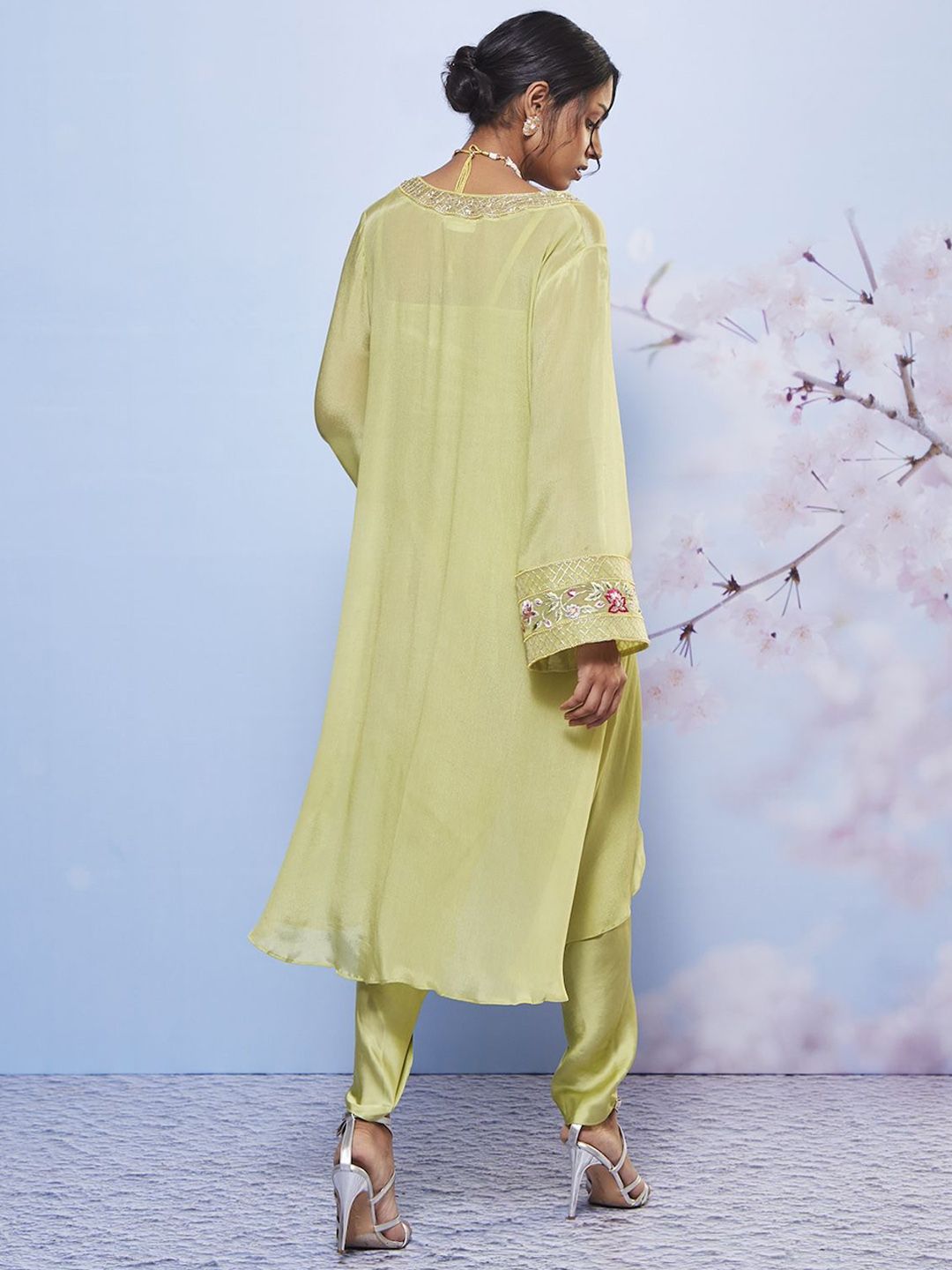 Embroidered Shoulder Strap Neck Top With Trouser Co-Ords With Shrug - Image 4