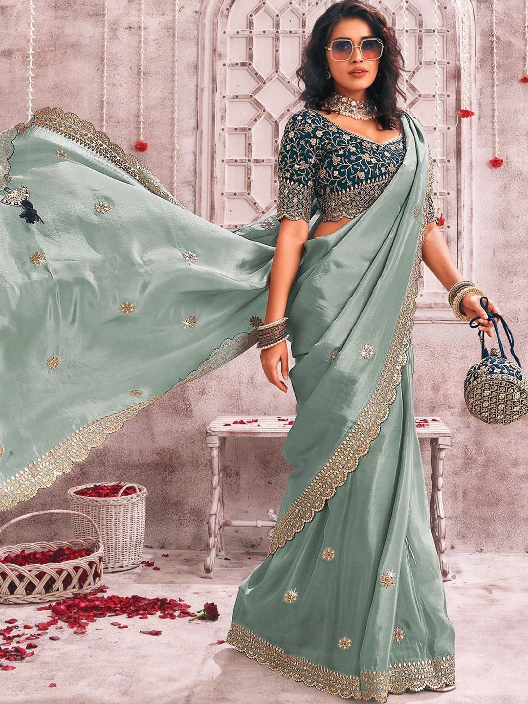 Embellished Sequinned Organza Kanjeevaram Saree - Image 3