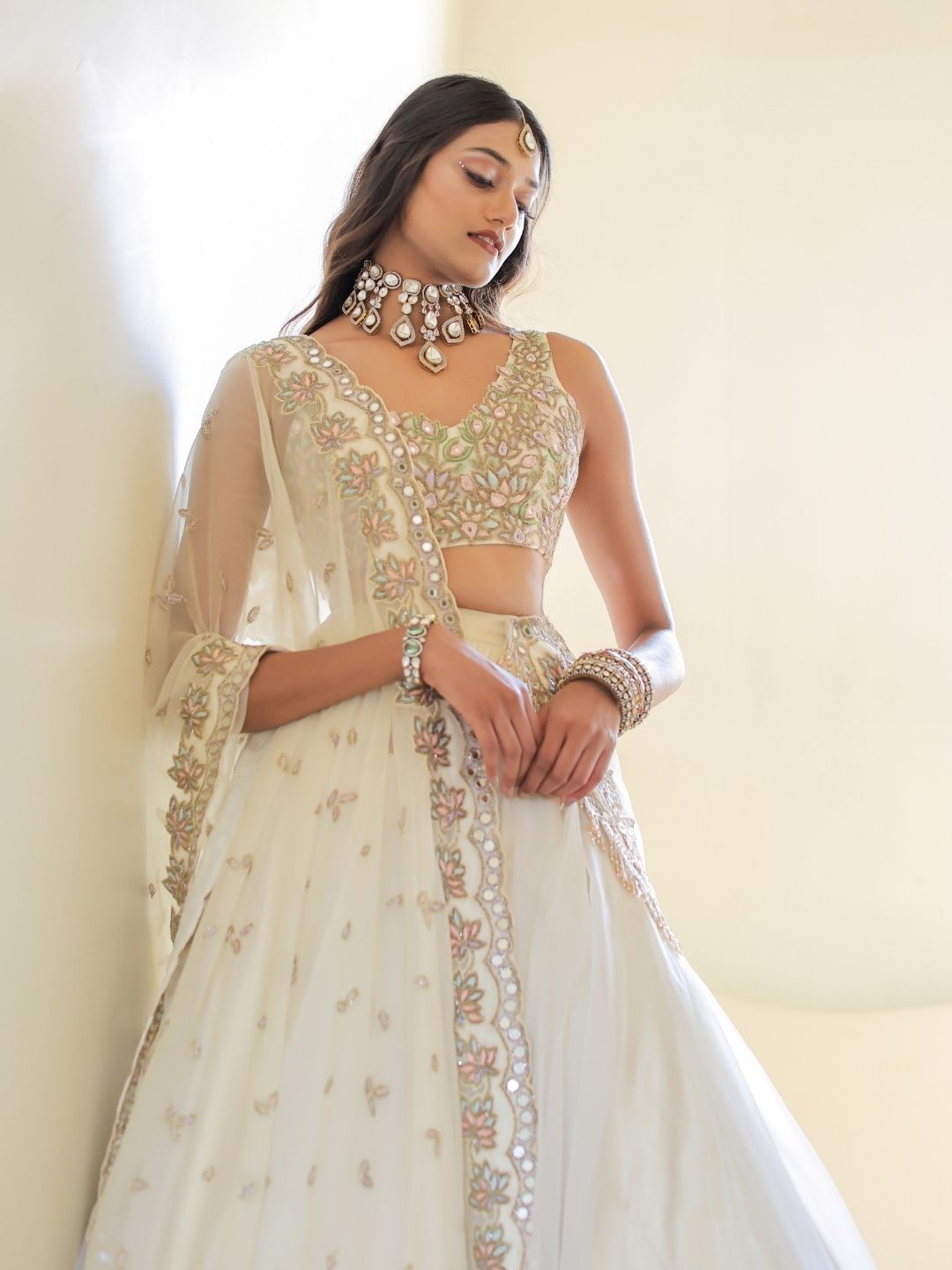 Foram Patel Foram patel Cream Mirror Embroidered Organza Lehenga