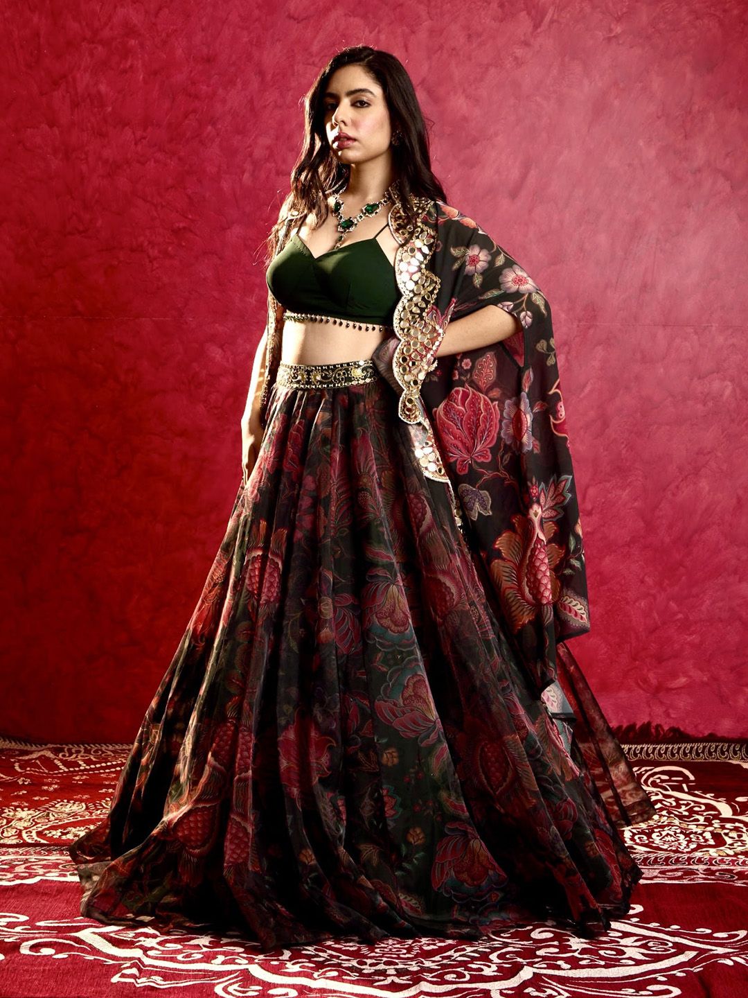 Rashika Sharma Printed Mirror Work Made to Measure Lehenga & Blouse With Cape - Image 2
