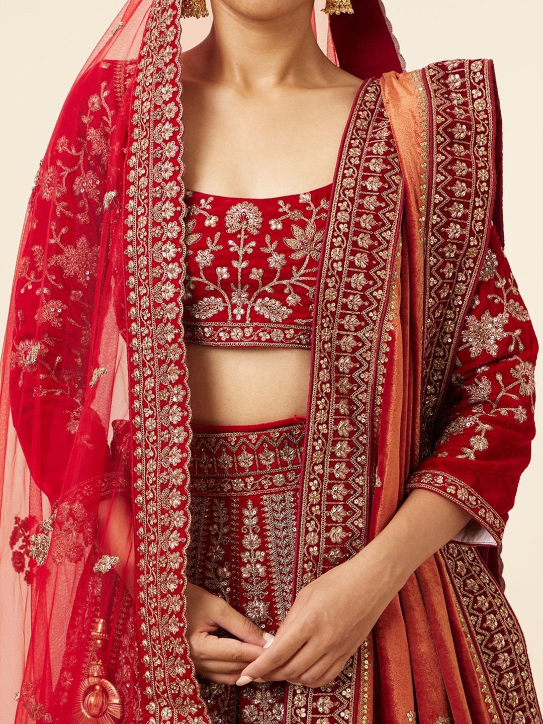 MOHEY Embroidered Velvet Semi-Stitched Lehenga & Unstitched Blouse With Dupatta & Belt - Image 3