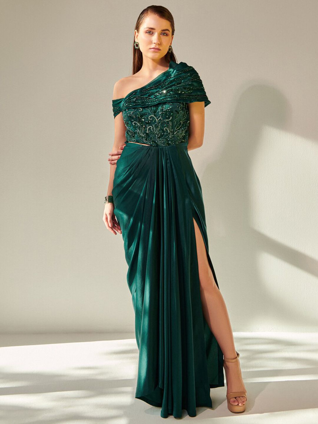 ONE KNOT ONE Off-Shoulder Cut-Out Satin Maxi Gown Dress