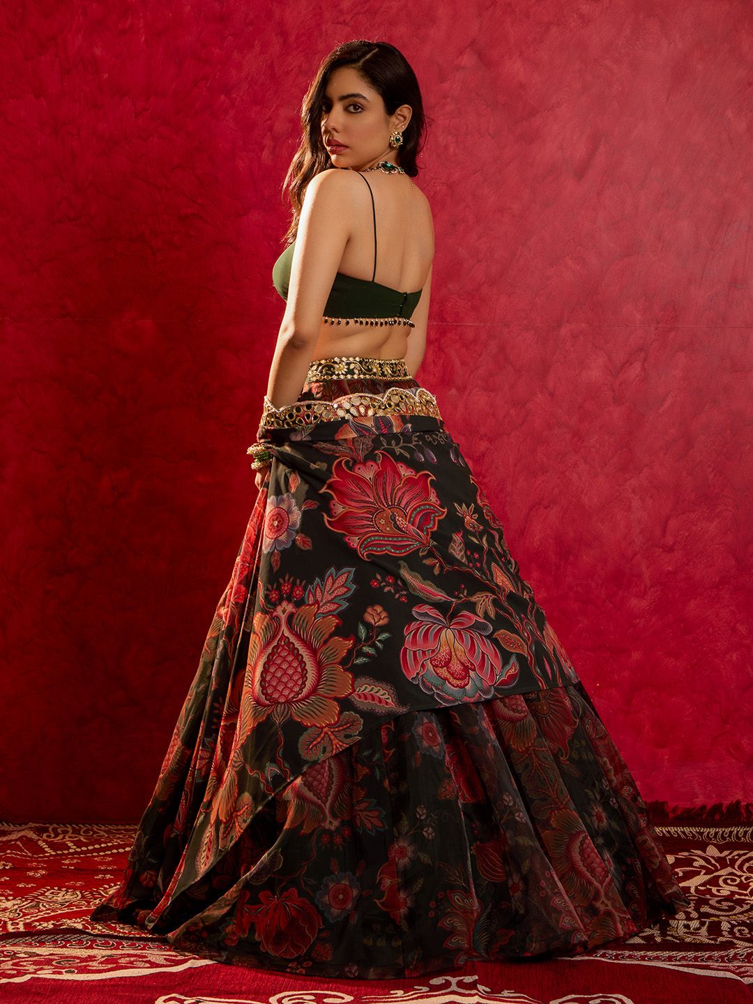 Rashika Sharma Printed Mirror Work Made to Measure Lehenga & Blouse With Cape - Image 3