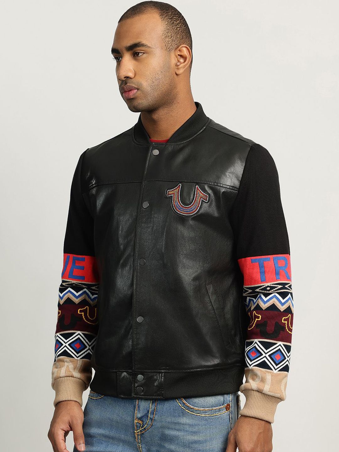 Men Stand Collar Graphic Printed Leather Casual Leather Jacket - Image 3