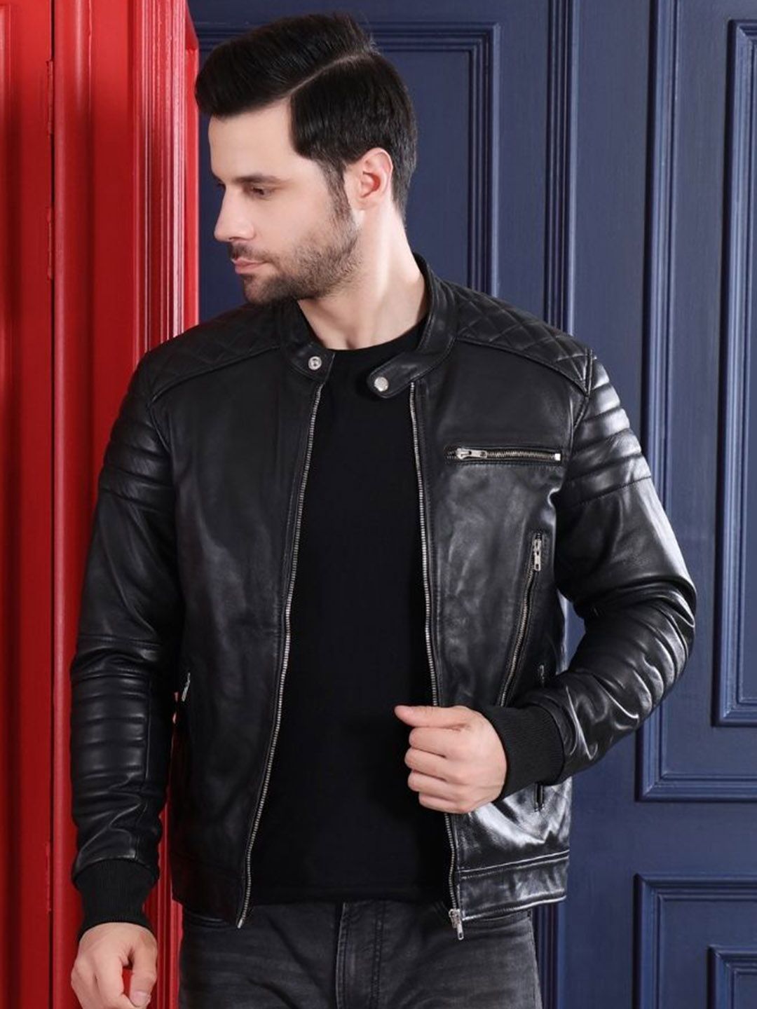Devoted Mandarin Collar Water Resistant Leather Jacket