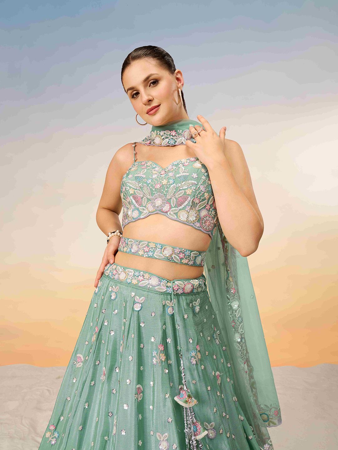 Embroidered Sequinned Semi-Stitched Lehenga & Unstitched Blouse With Dupatta - Image 2