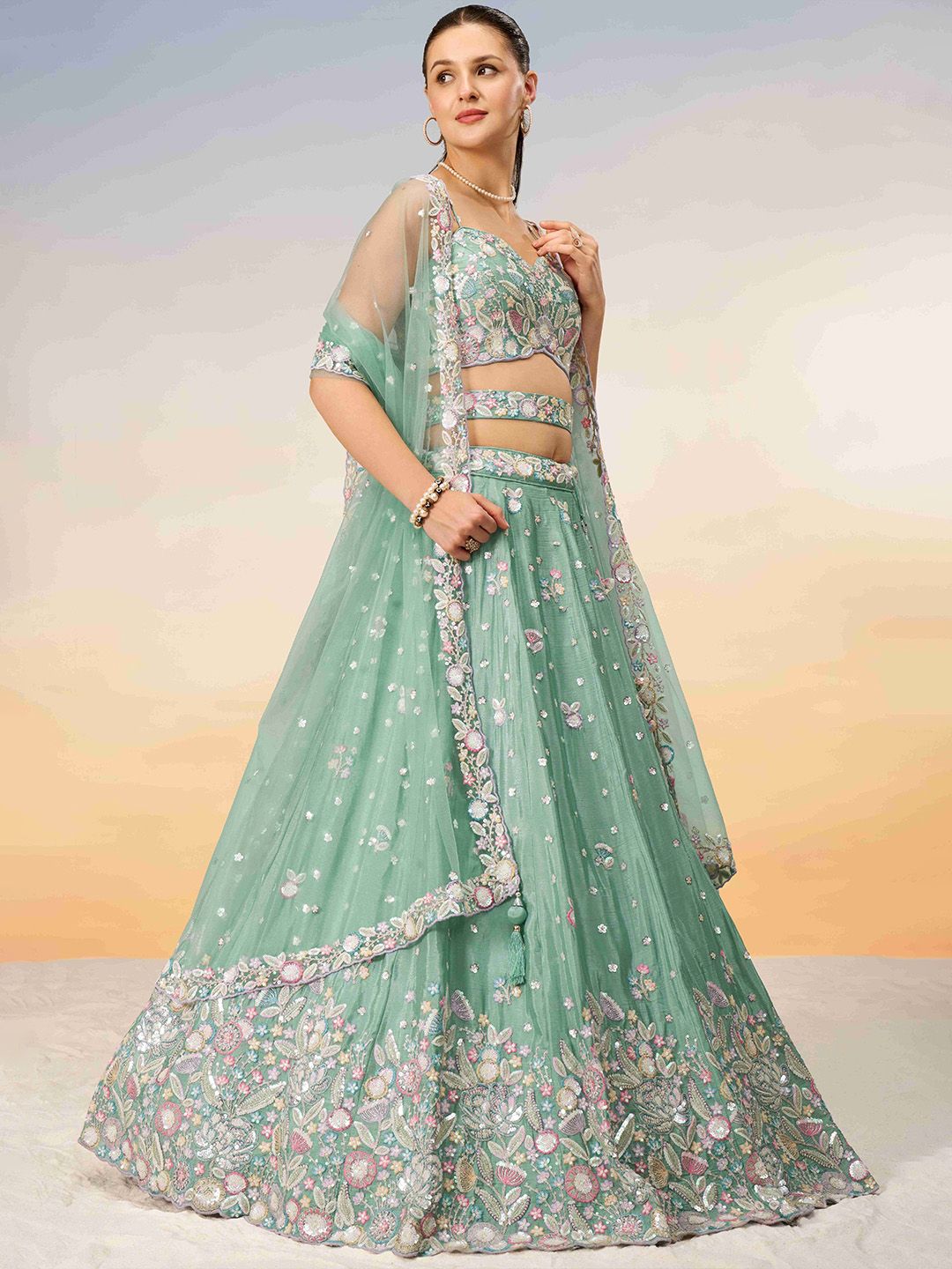 Embroidered Sequinned Semi-Stitched Lehenga & Unstitched Blouse With Dupatta - Image 3