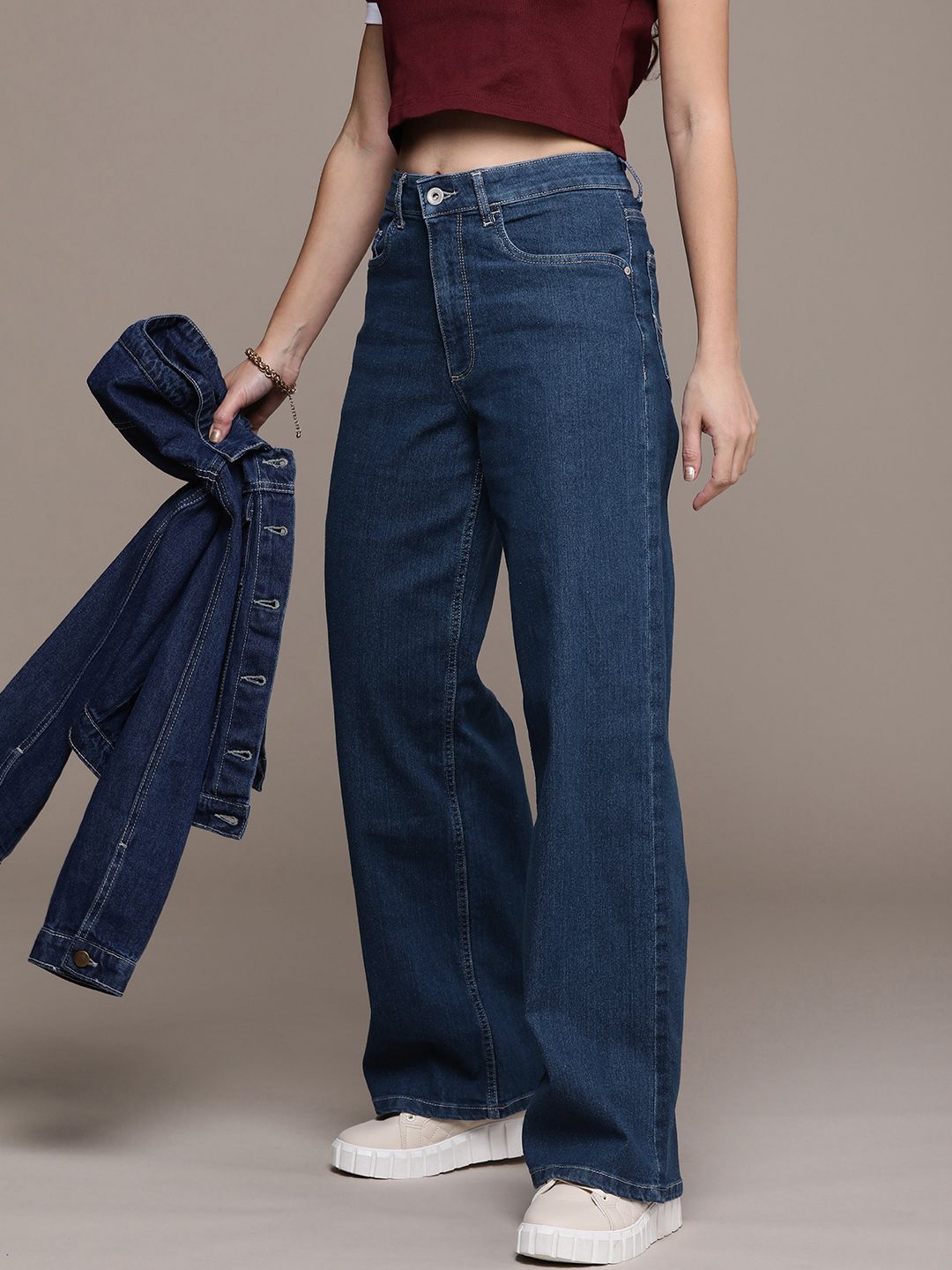 The Life Co. Women Wide Leg High-Rise Light Fade Stretchable Jeans