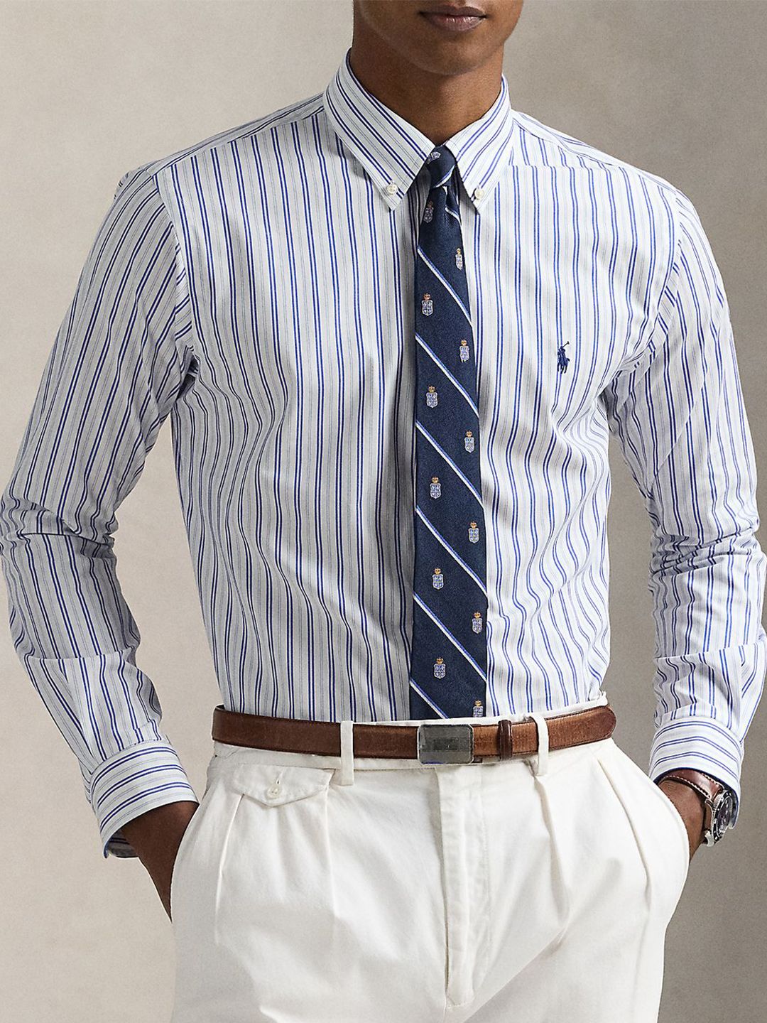 Polo Ralph Lauren Men Button-Down Collar Vertical Striped Cotton Formal Shirt