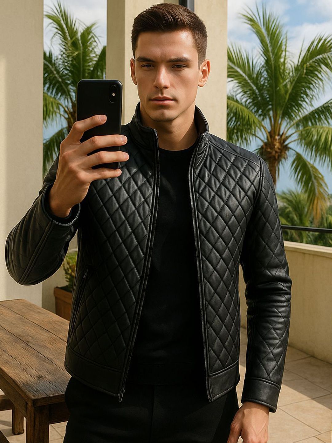 Devoted Men Mock Collar Solid Casual Leather Jacket