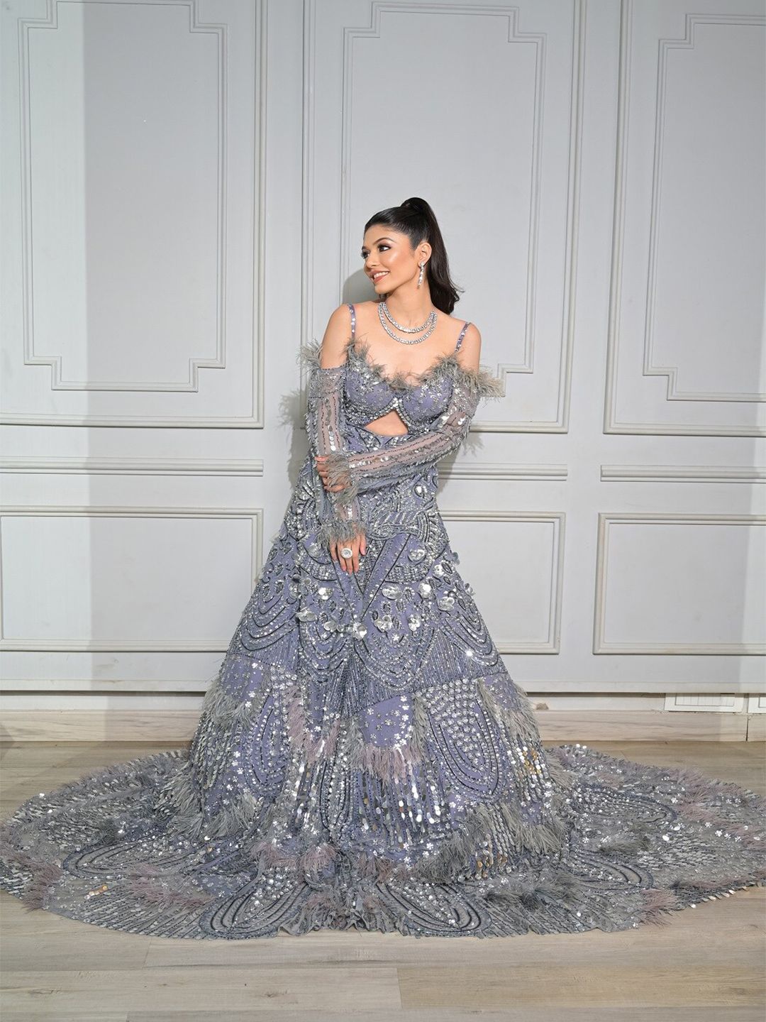 Bindani by Jigar & Nikita Embellished Fringed Cold-Shoulder Sleeves Net Maxi Dress