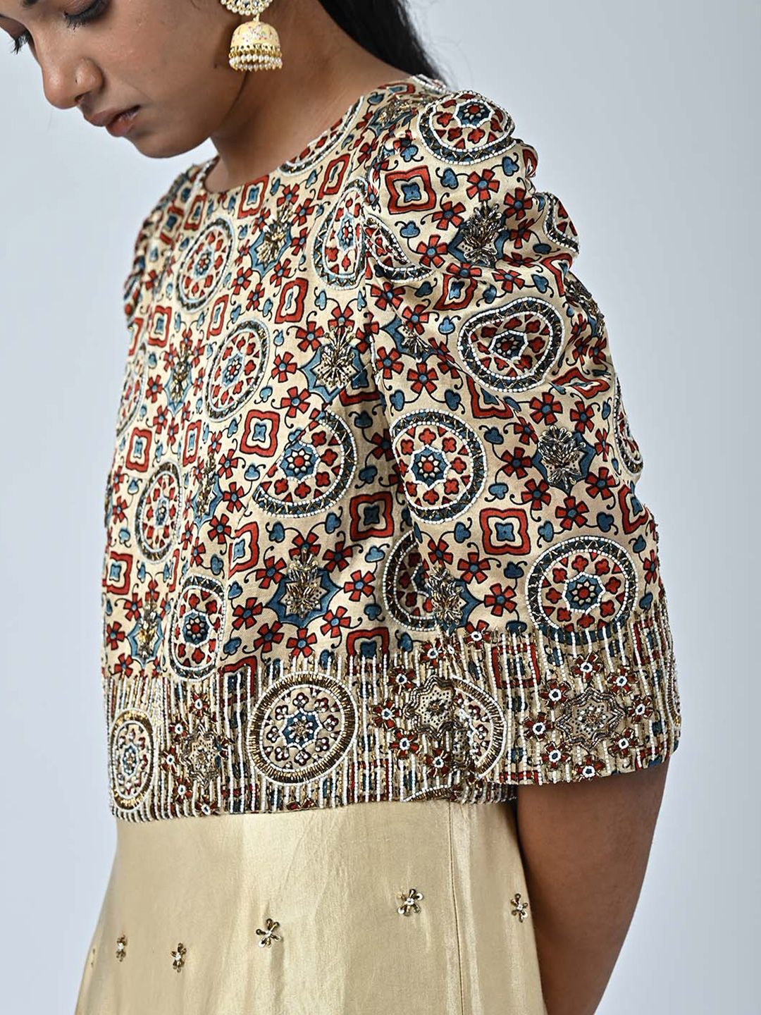 Sejal Kamdar Round Neck Puff Sleeves Ethnic Motifs Print Crepe A-Line Dress - Image 2