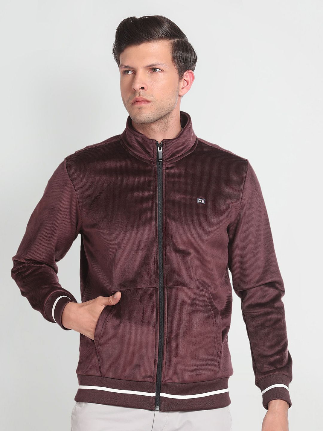 Striped Mock Collar Long Sleeve Zip Detail Bomber Jacket